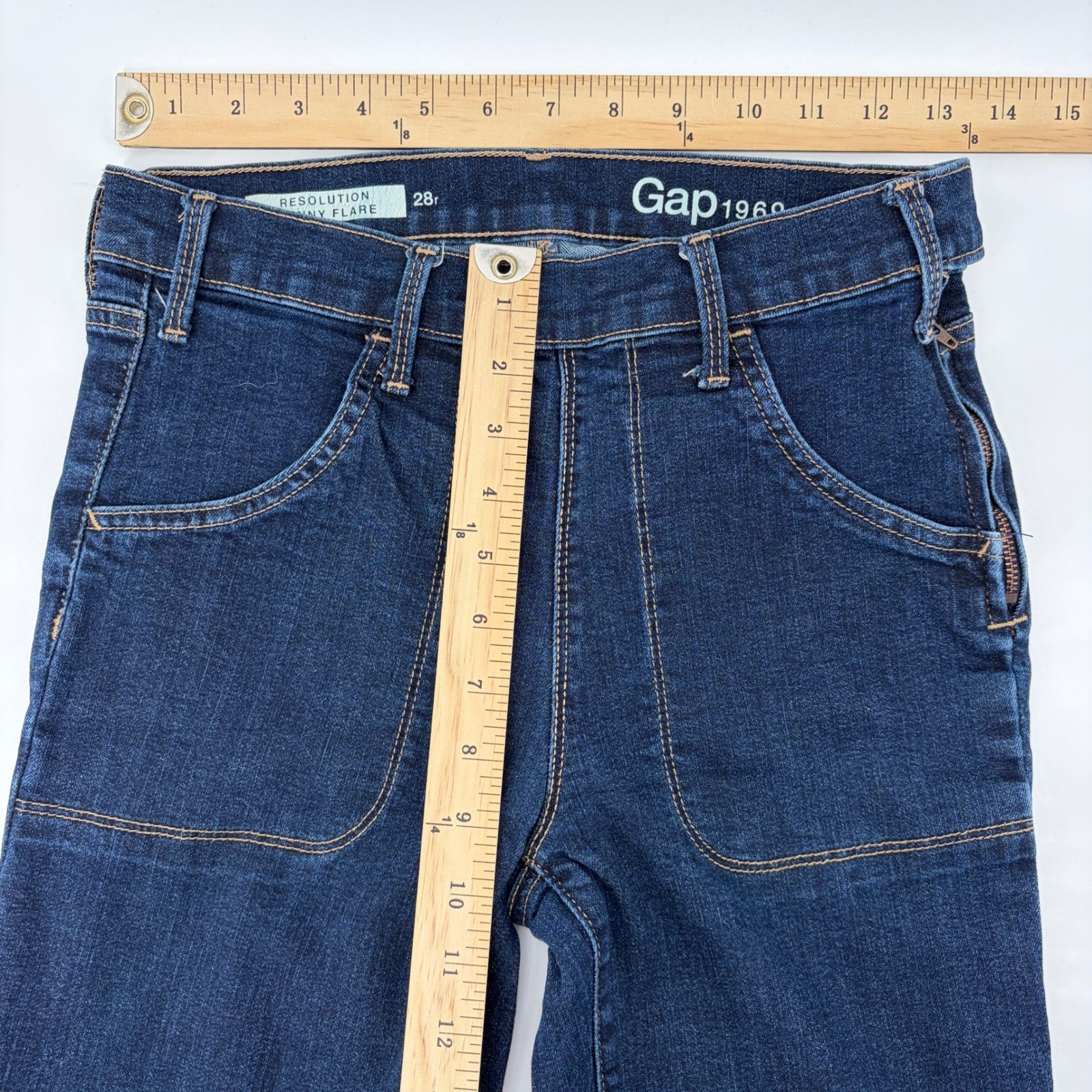Gap 1969 Resolution Skinny Flare Jeans Blue 28r High Rise Side Zip Patch Pocket