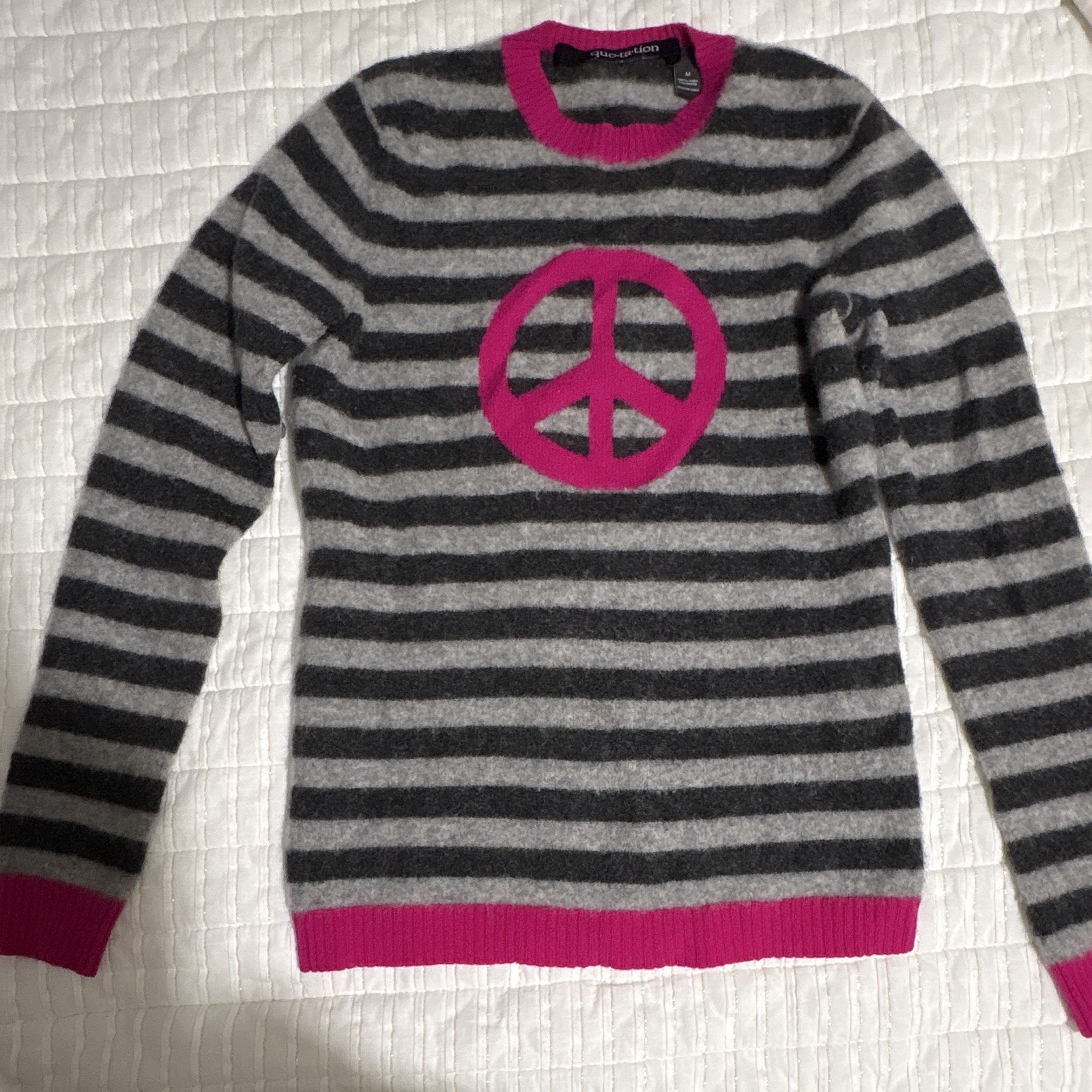 quo-ta-tion 100% Cashmere Gray/Black Stripe Crewneck Peace Sweater Women M