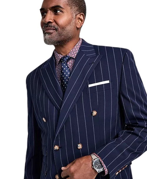 Tayion Men’s Pinstriped Double-Breasted Suit Jacket Blazer 38 R Navy Blue