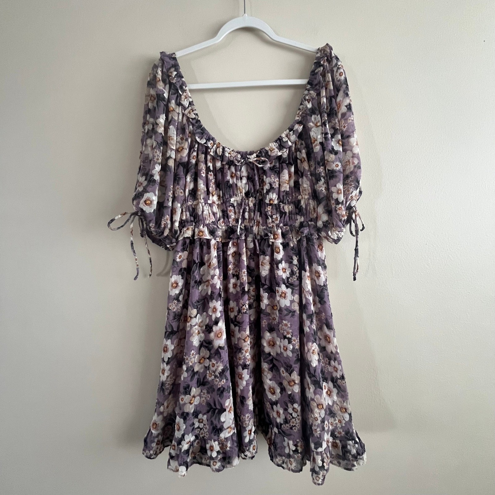 En Saison floral babydoll mini dress M purple off shoulder puff gothic romantic