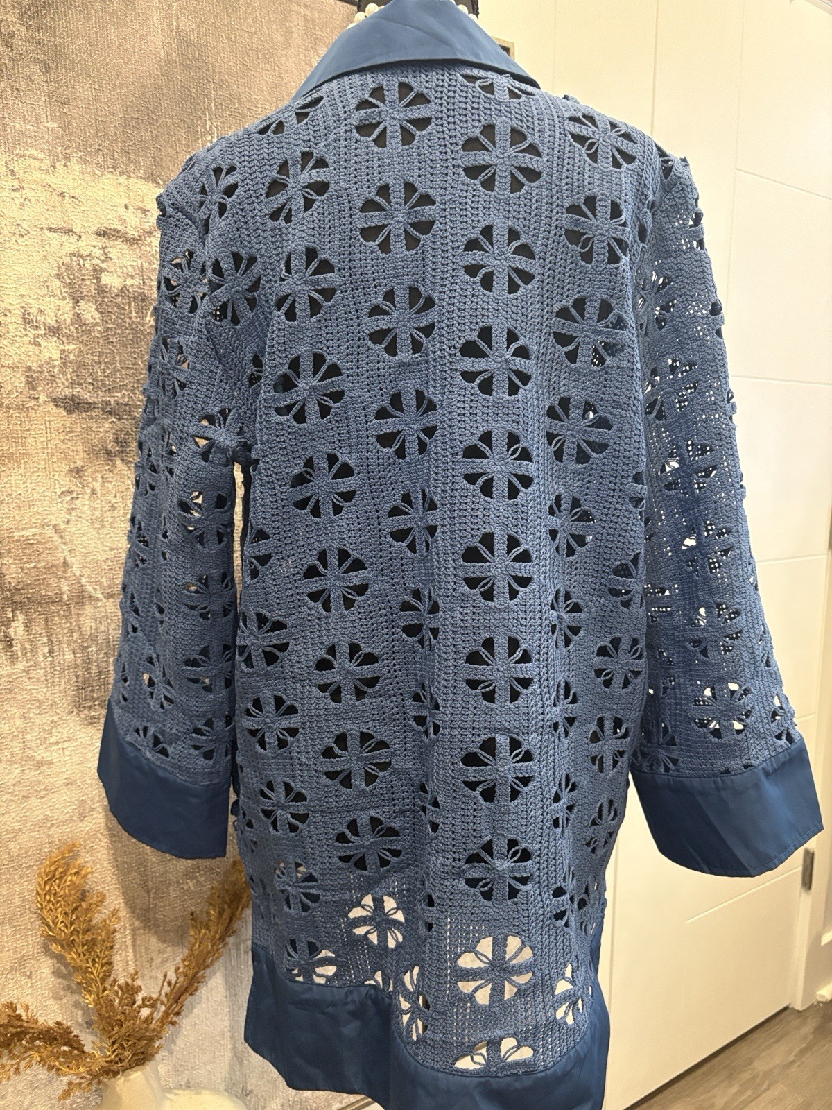 Dennis Basso Women’s Blue Eyelet Button-Front Collared Coatigan 3/4 Sleeve S