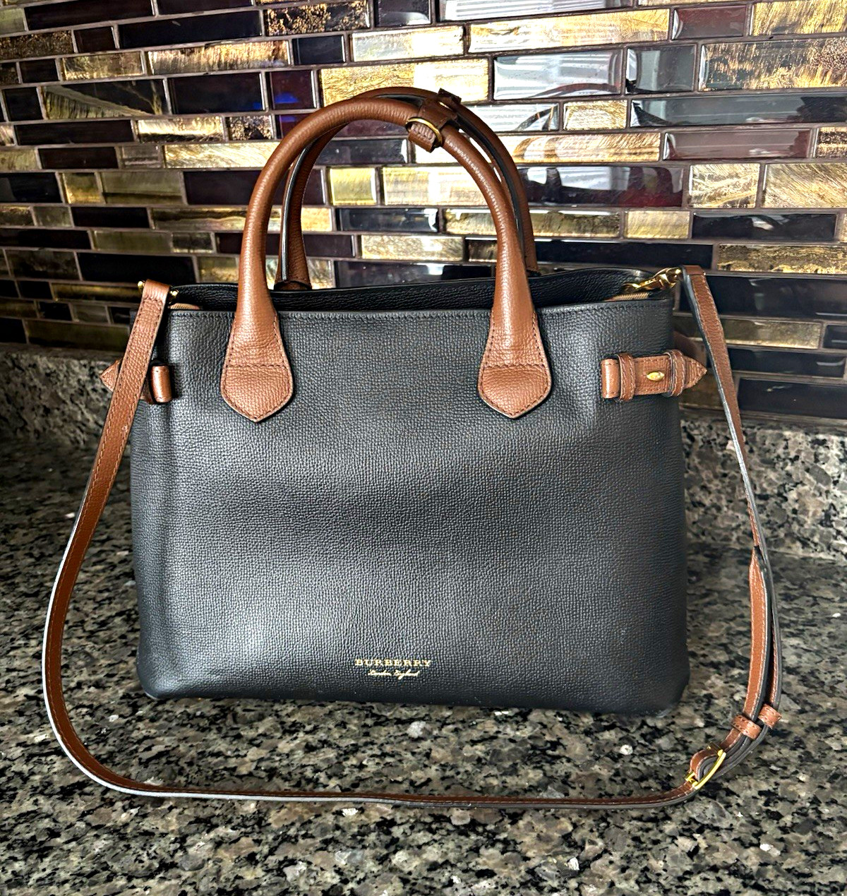 Burberry Banner Medium Satchel Top Handle Zip Detachable Strap Check Gold