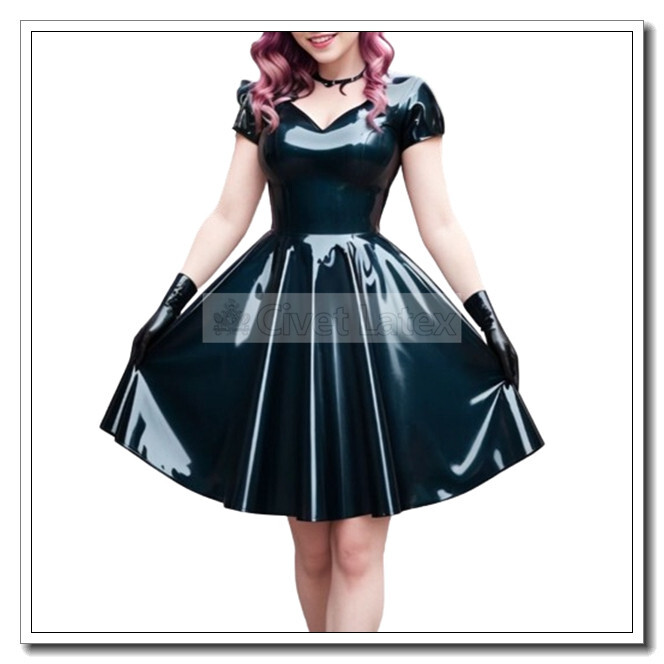 Latex Dress Short Length Short Sleeve Back Zip Flare Customized 0.4mm D250