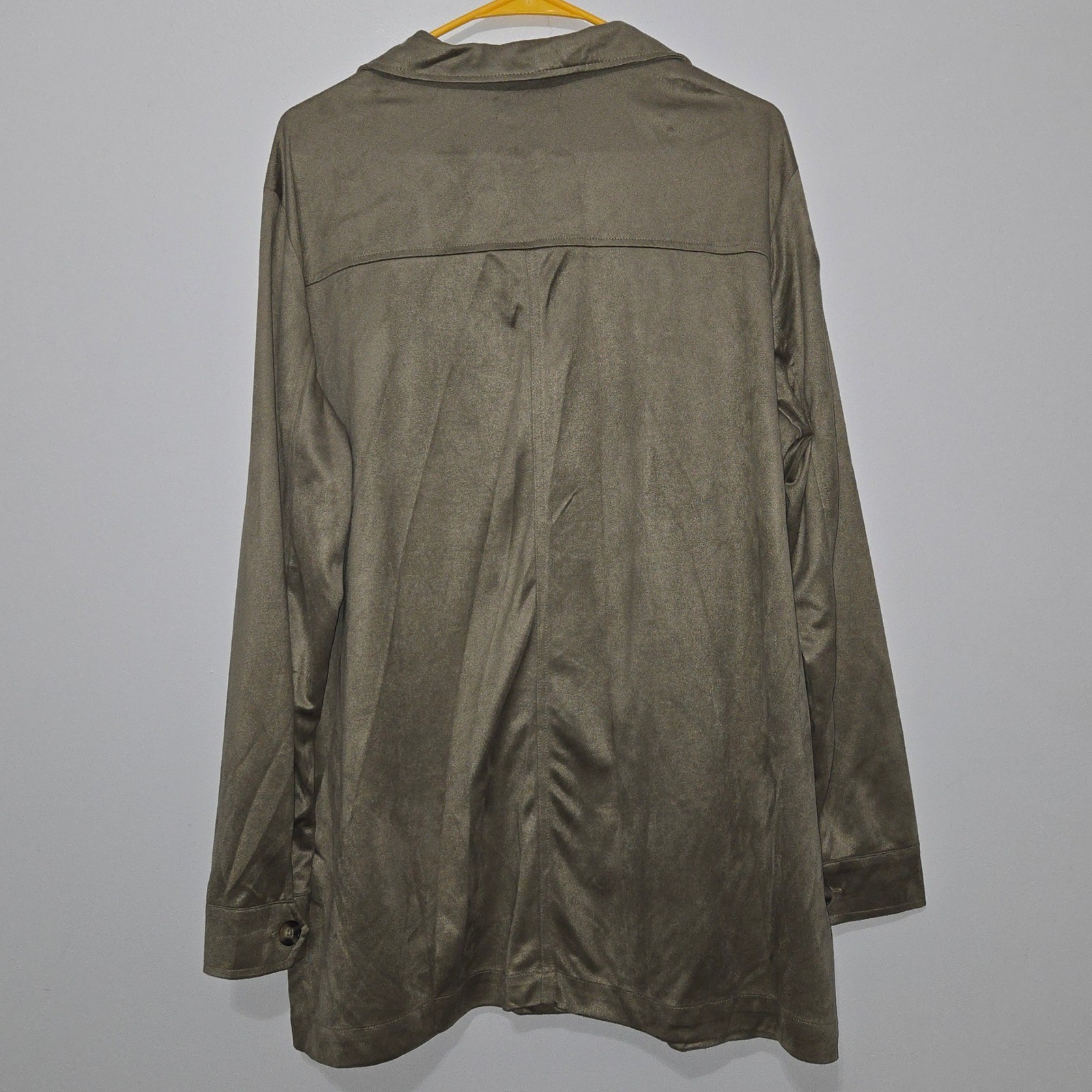 B#88 FeelGoodstore Olive Green Button Front Shirt Jacket 1X Poly Suede Pockets