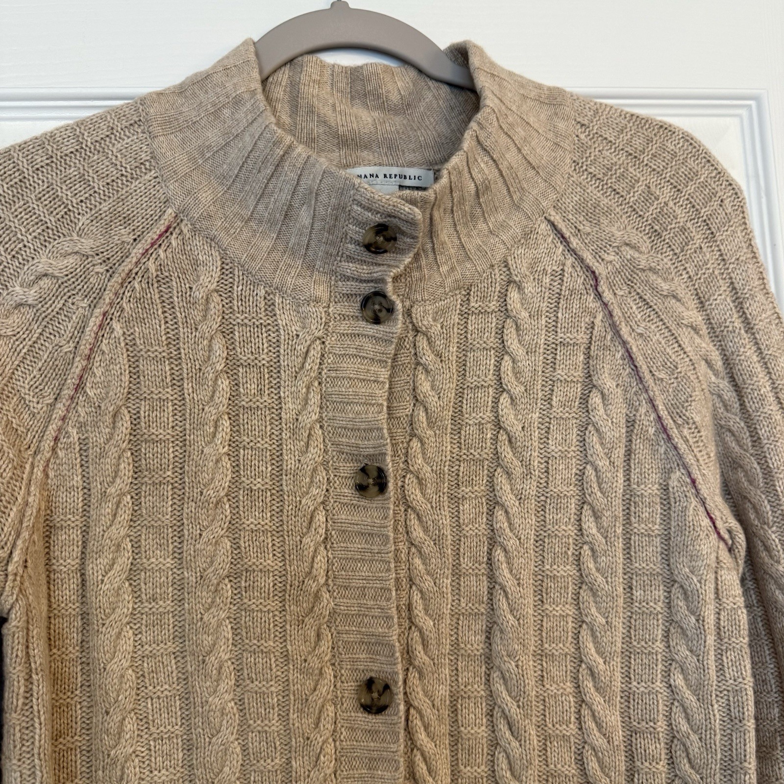 Banana Republic Women M Cashmere Blend Cable Knit Cardigan Sweater Tan Mock Neck