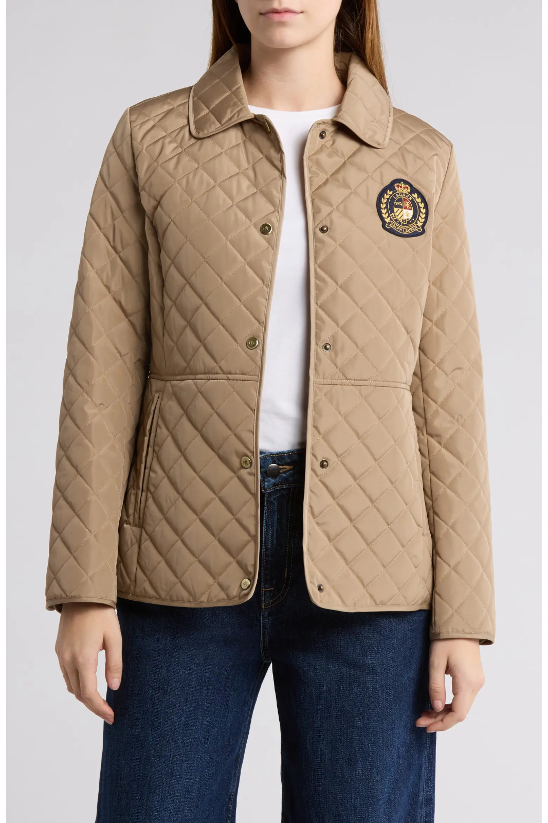 Lauren Ralph Lauren Crest Patch Quilted Jacket Birch Tan Beige Sz M wmns NWT