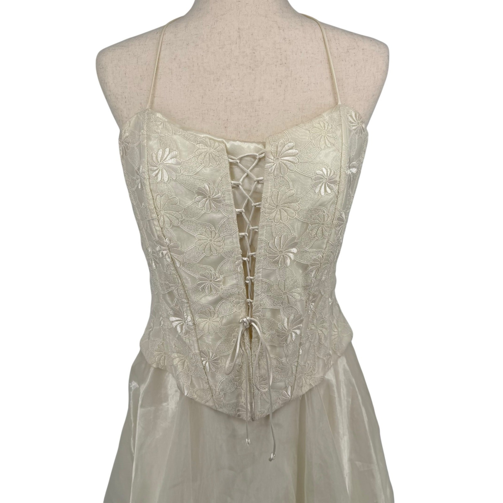 VTG 90s y2k Women’s Cream Floral Dalia Drop Basque Waist Corset Halter Dress XL