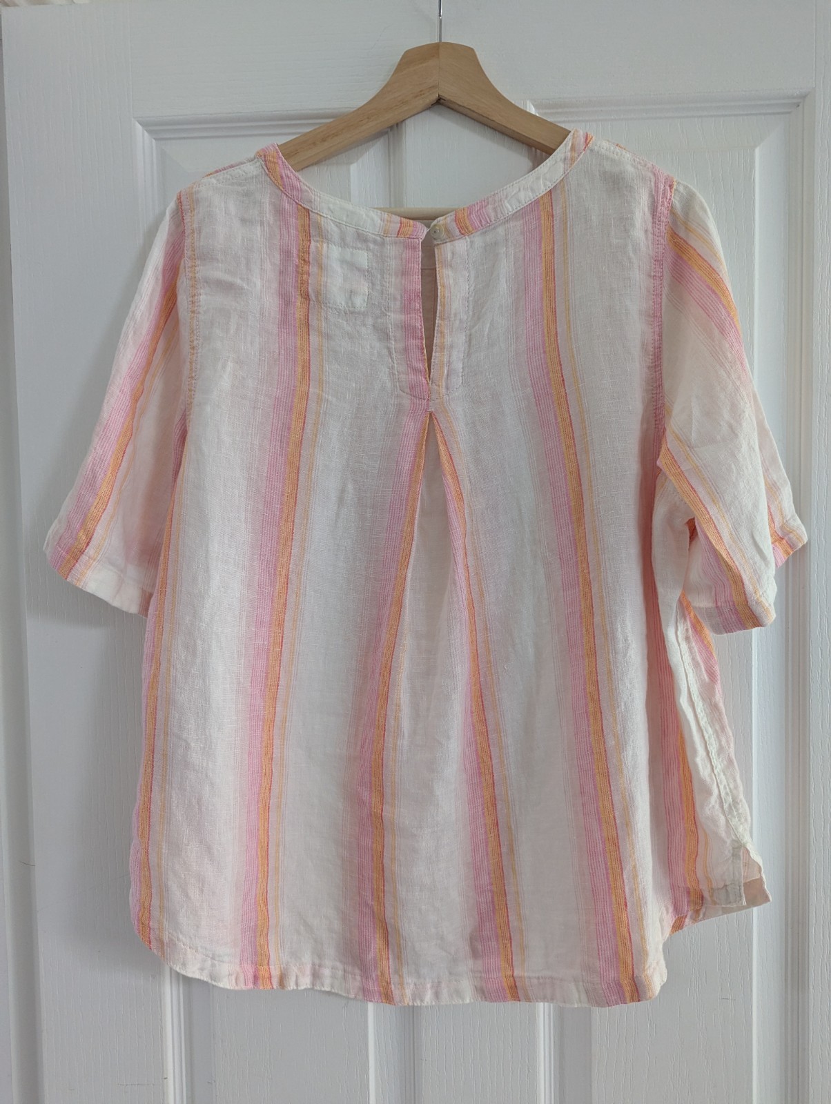M&S Women’s Striped Blouse 100% Linen Pink White Size 16 Lagenlook Short Sleeved