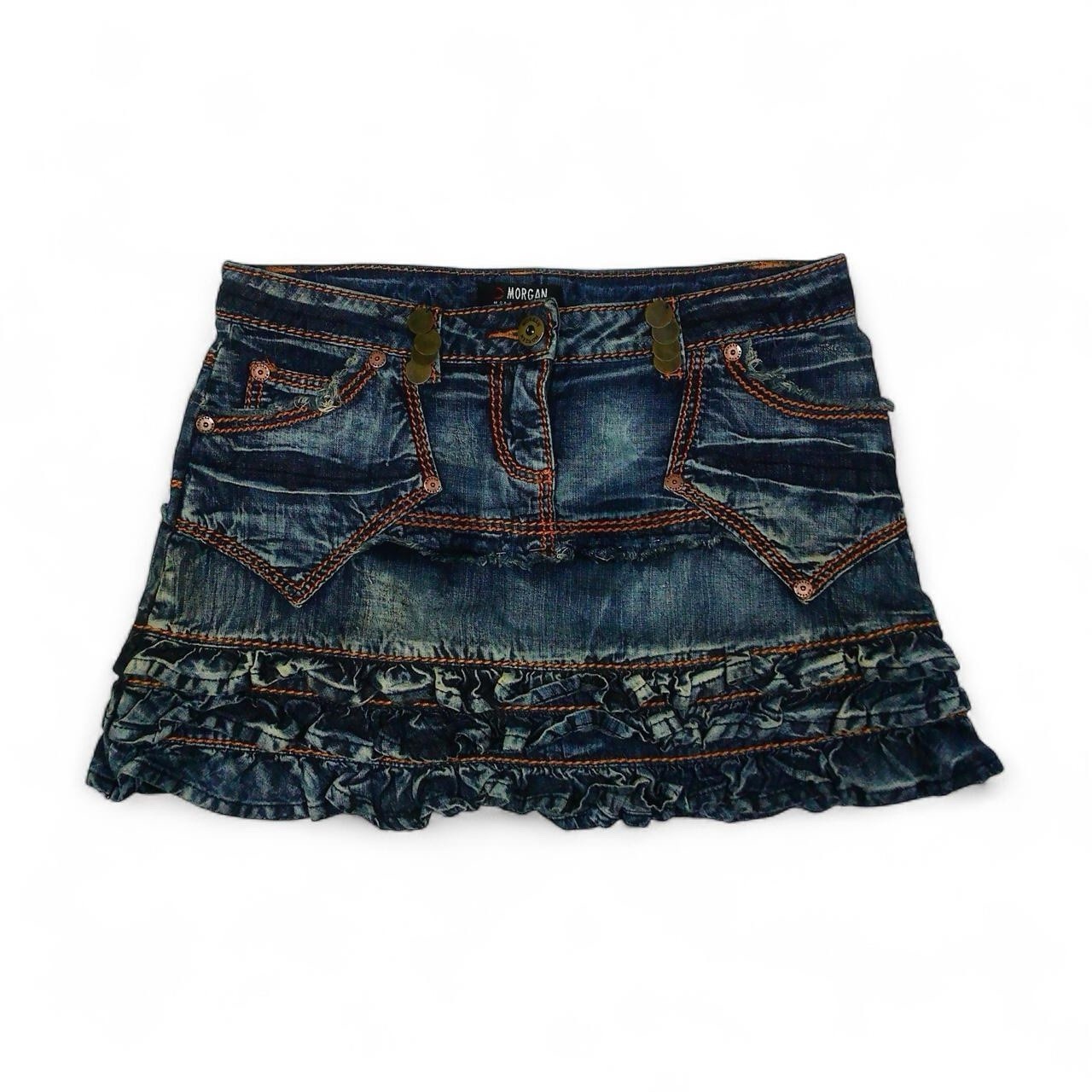 blue denim ruffle frill mini skirt with coin embellishment – Morgan De Toi S