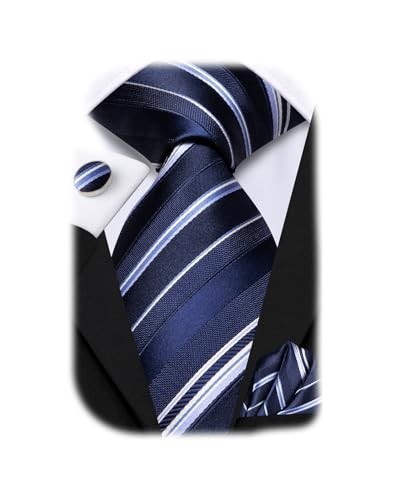 Men 63inches Tie Set Extra Long Necktie Paisley Tie Dark Blue White Striped