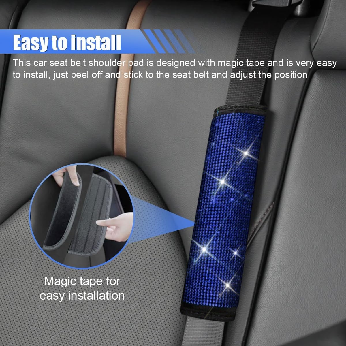 2PCS Rhinestone Crystal Car Seat Belt Covers, Glitter Seat Strap S Color: Blue