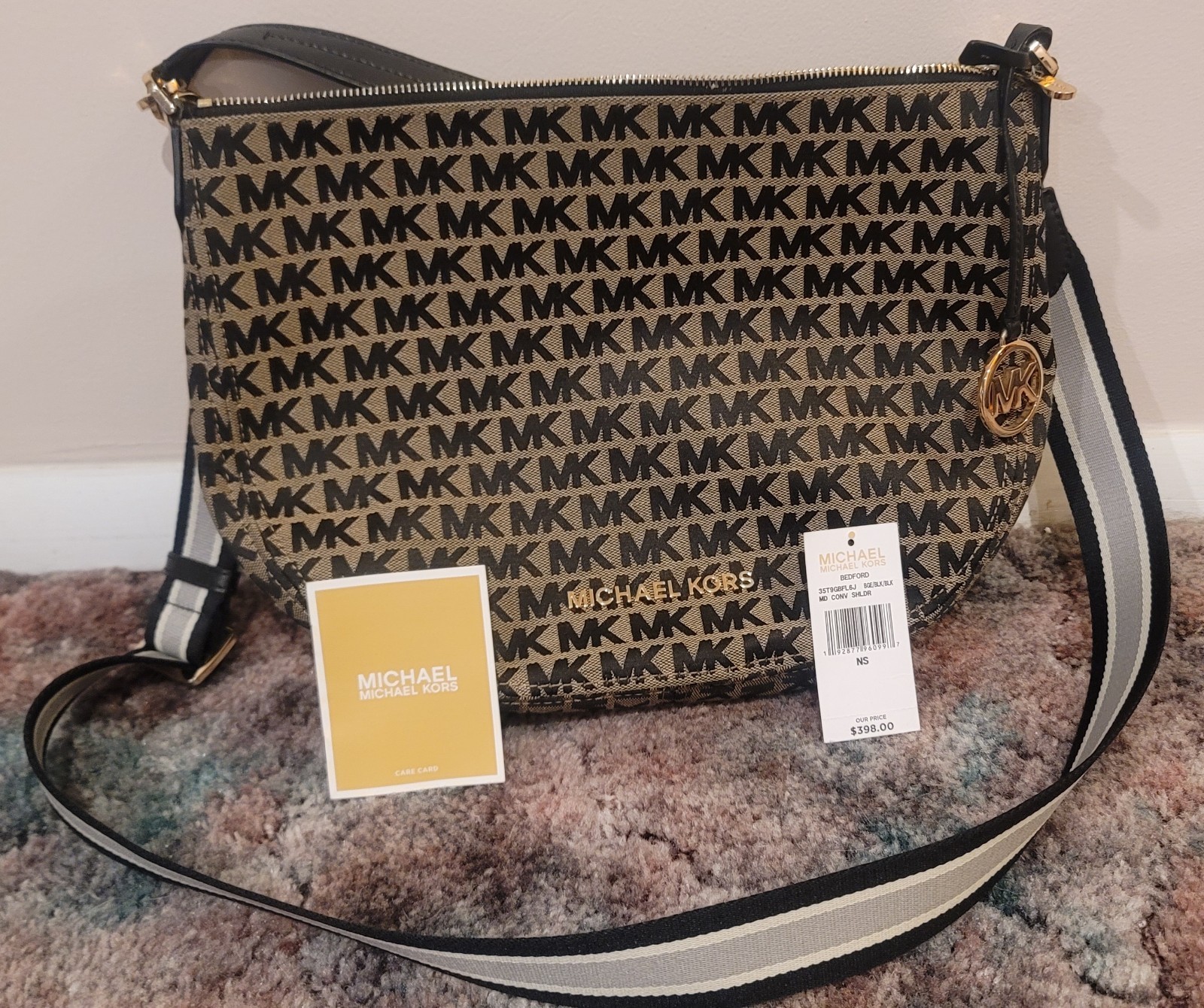 Michael Kors Bedford Sholder Bag Beige With Black Monogram