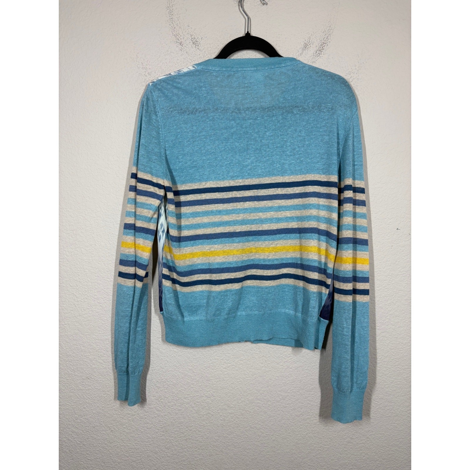 Sundance Small Ikat Joy Cardigan Sweater Blue Linen Silk Rayon Blend Button Up
