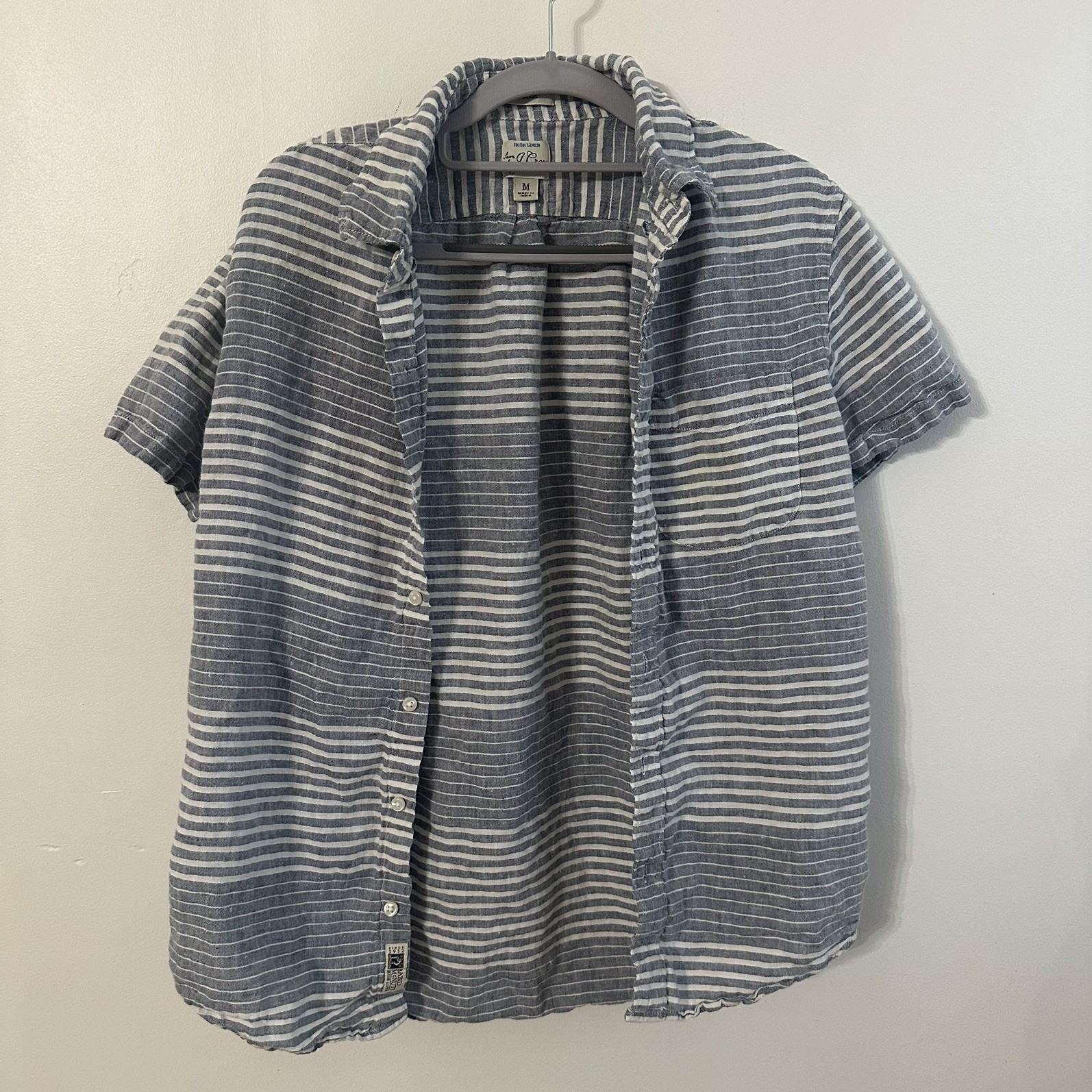 J Crew Shirt Button Down Baird McNutt Irish Linen Slim Blue White Striped Mens M