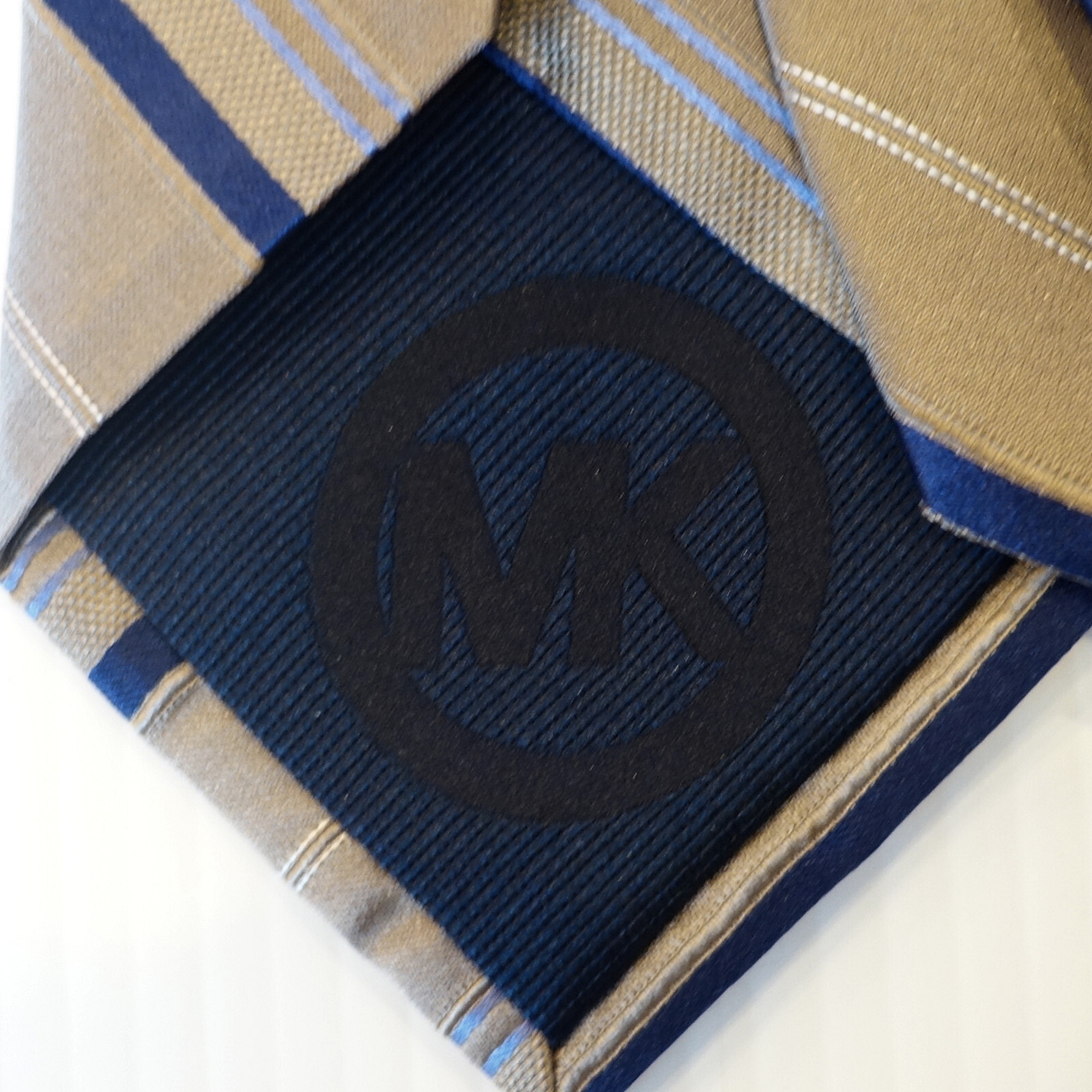 MICHAEL KORS Tan Brown Navy Blue Vitality Stripe Silk Classic Tie