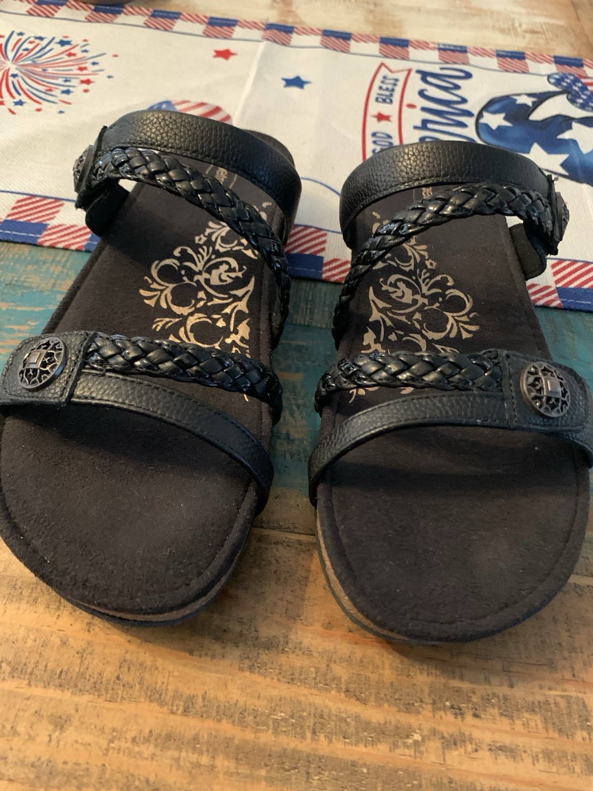 Aetrex Janey Braided Sandals Slide Womens 9.5 BlackLeather Adjustable Strap New