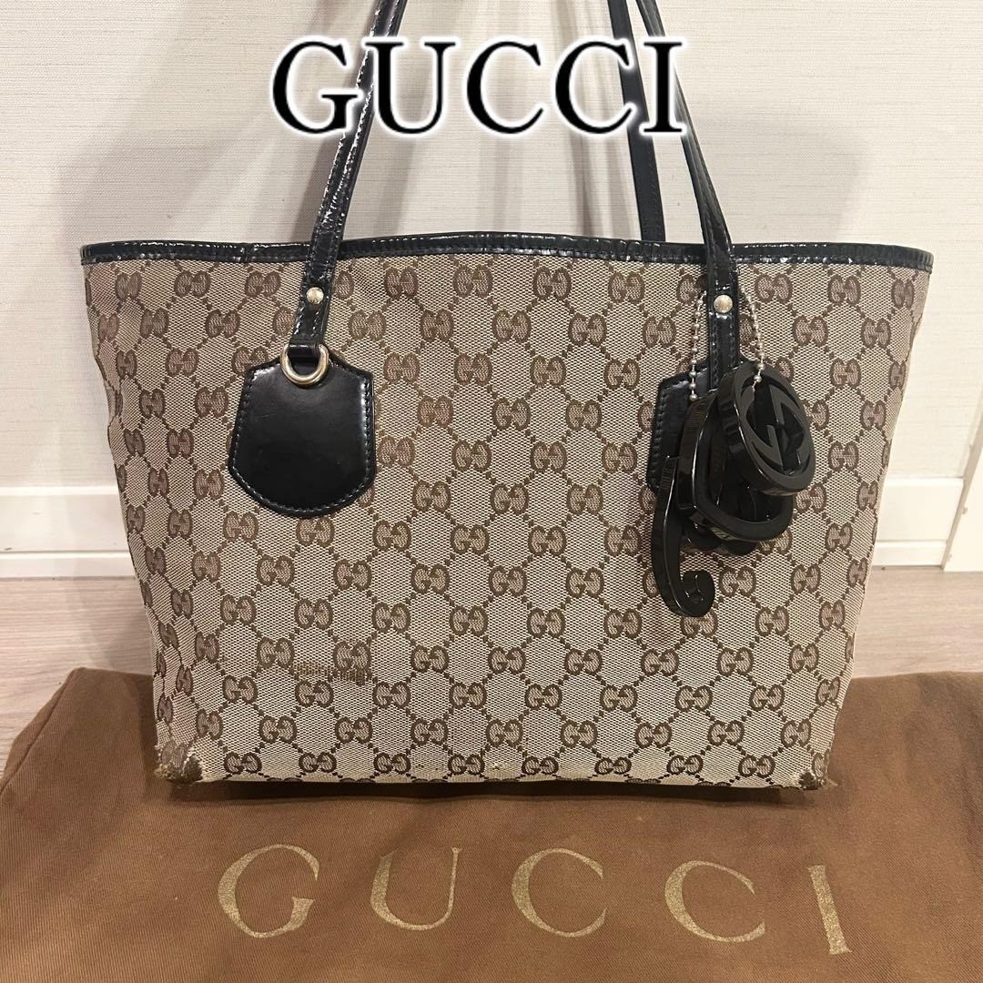 GUCCI GG Tote Hand Bag Leather Canvas Brown Black Gold Hardware w/ Storage Bag
