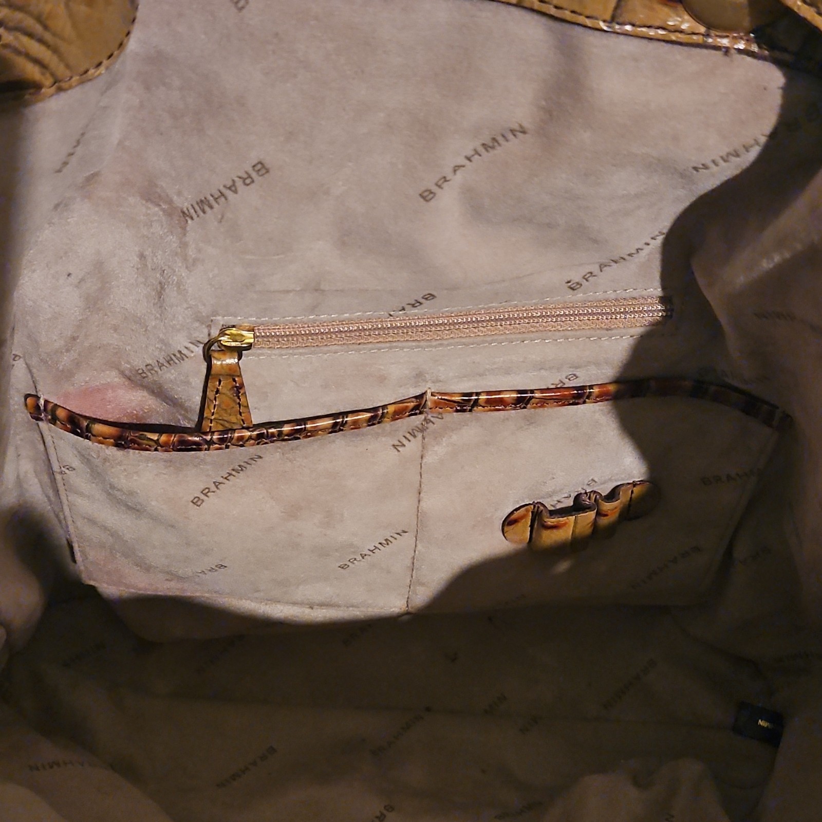 Brahmin Brown Embossed Animal Print Large Tote Turn Lock Zip Gold Charm