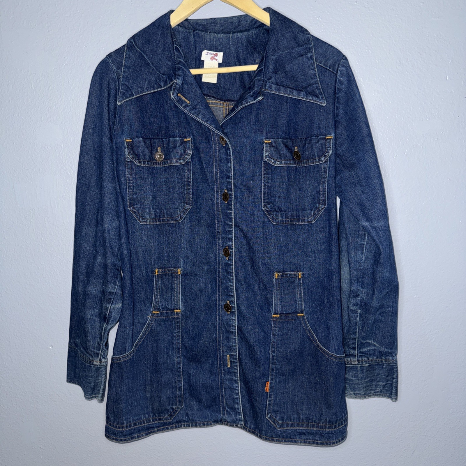 Levi’s Women’s Denim Safari Jacket Orange Tab Cursive L 70s Vintage Size L USA