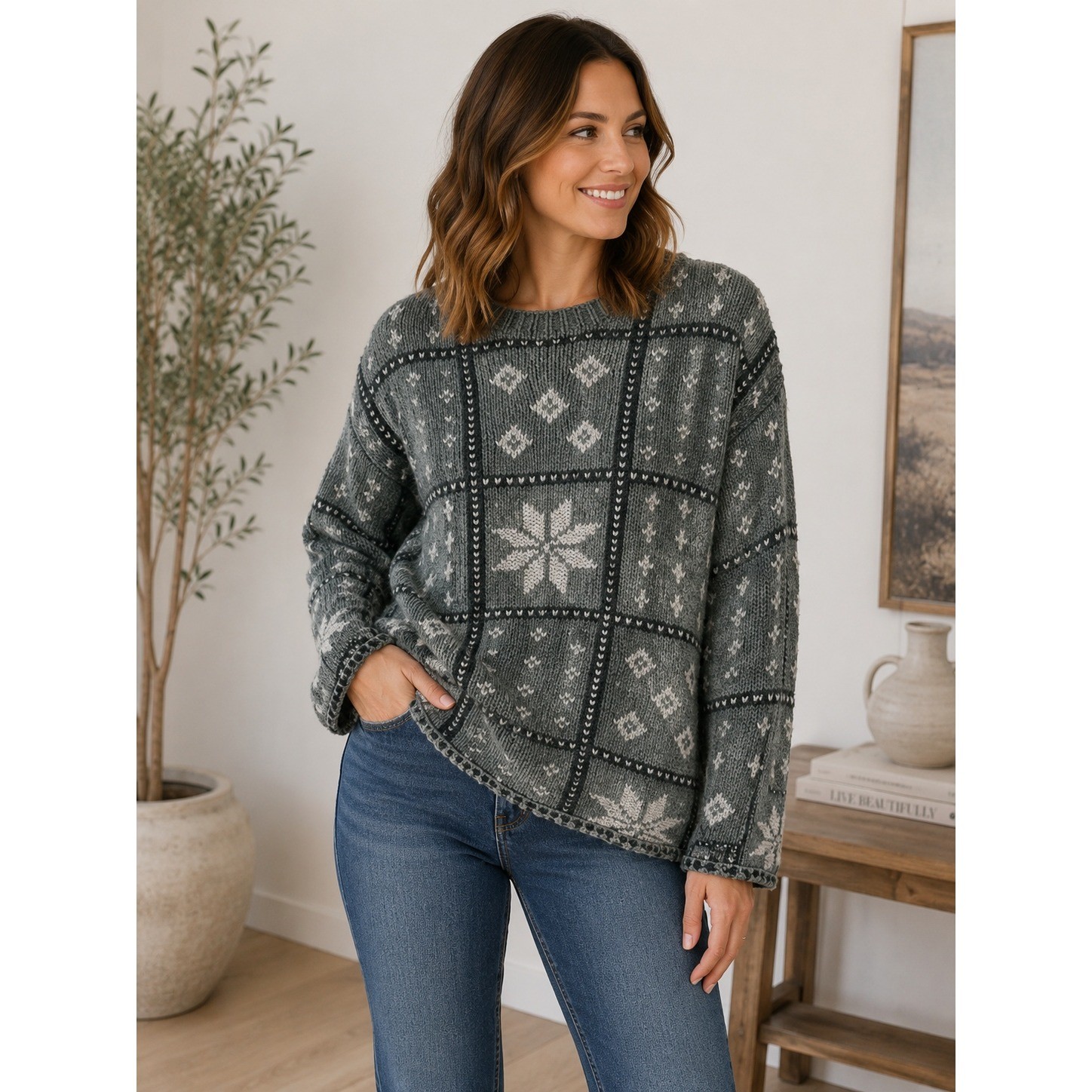 Crazy Horse Liz Claiborne Gray Fair Isle Snowflake Knit Sweater Womens S 1217