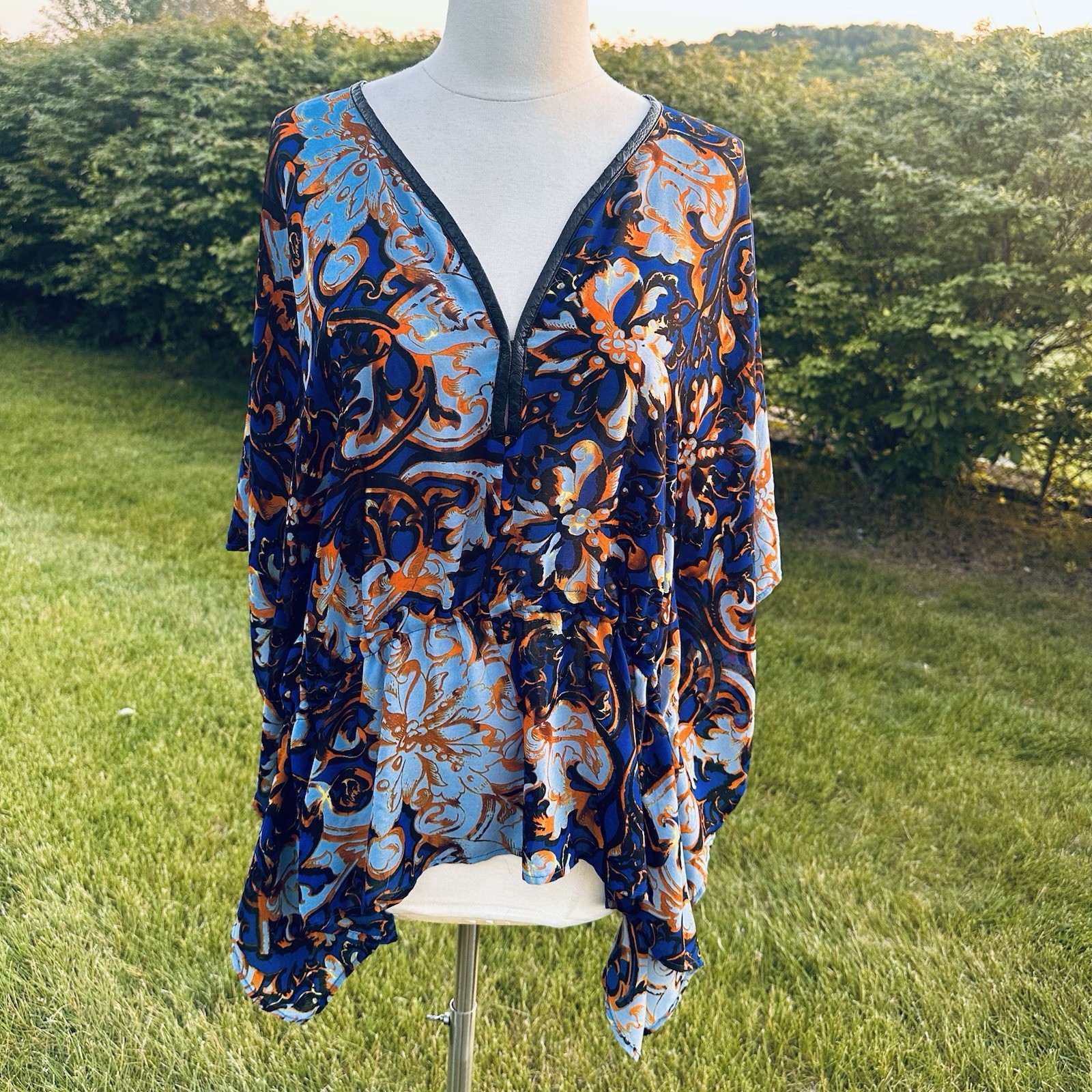 Y2K Alberto Makali Caftan Tunic Top L Oversized Boho Resort Blue Gold