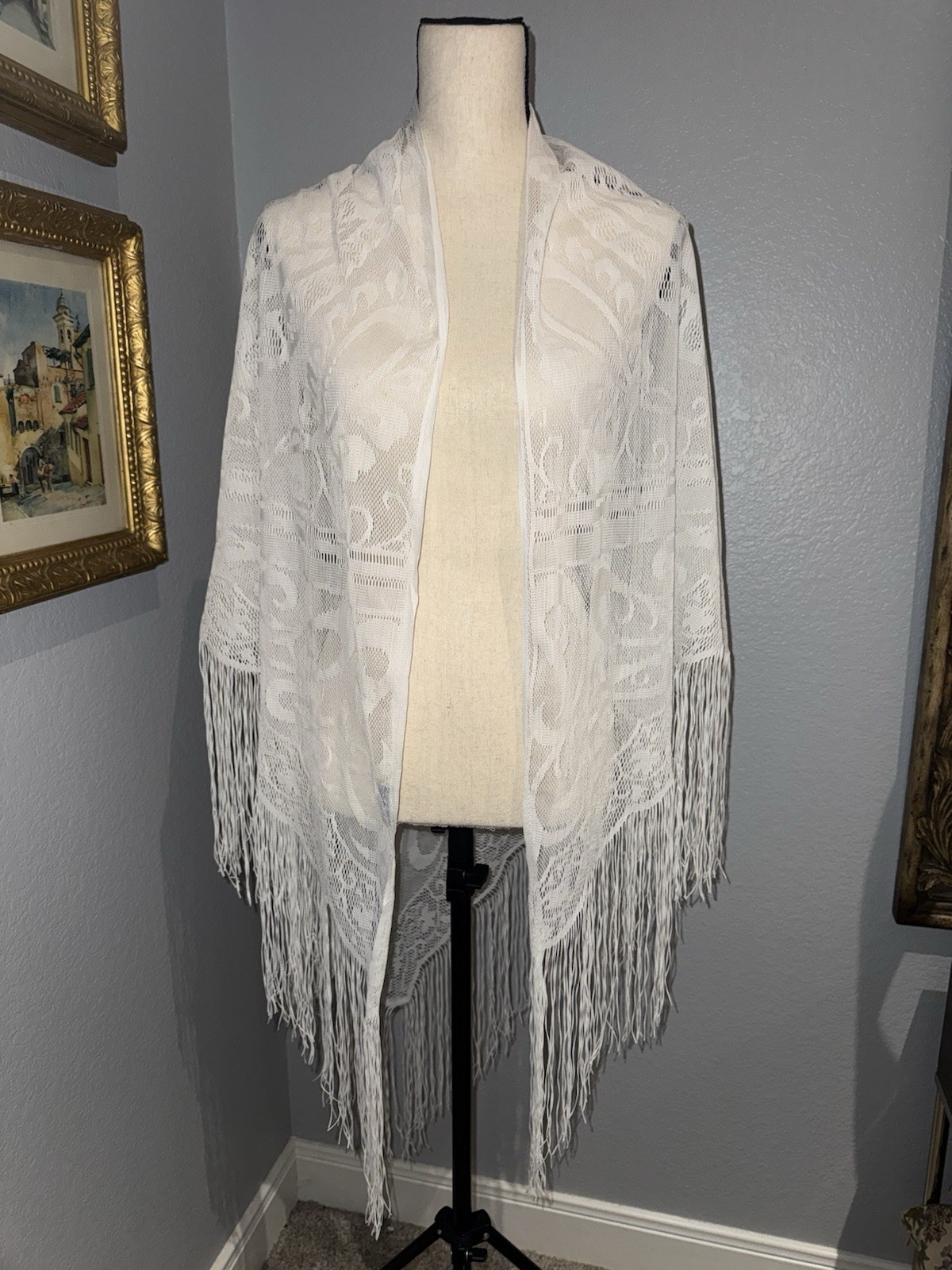 Vintage White Lace Fringe Boho Scarf 72×43” Shawl Bridal Festival Stevie Nicks