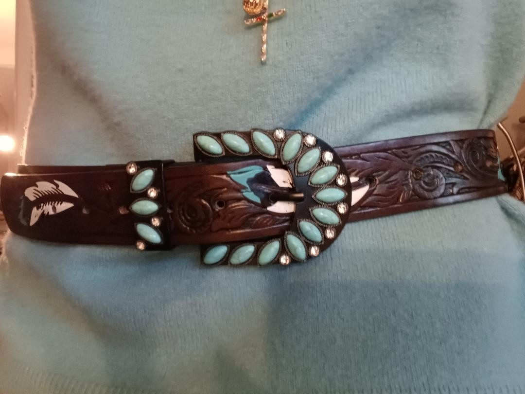 WOMEN MEN WESTERN BROWN LEATHER BELT TURQUOISE Med/large belt length is 47in NEW