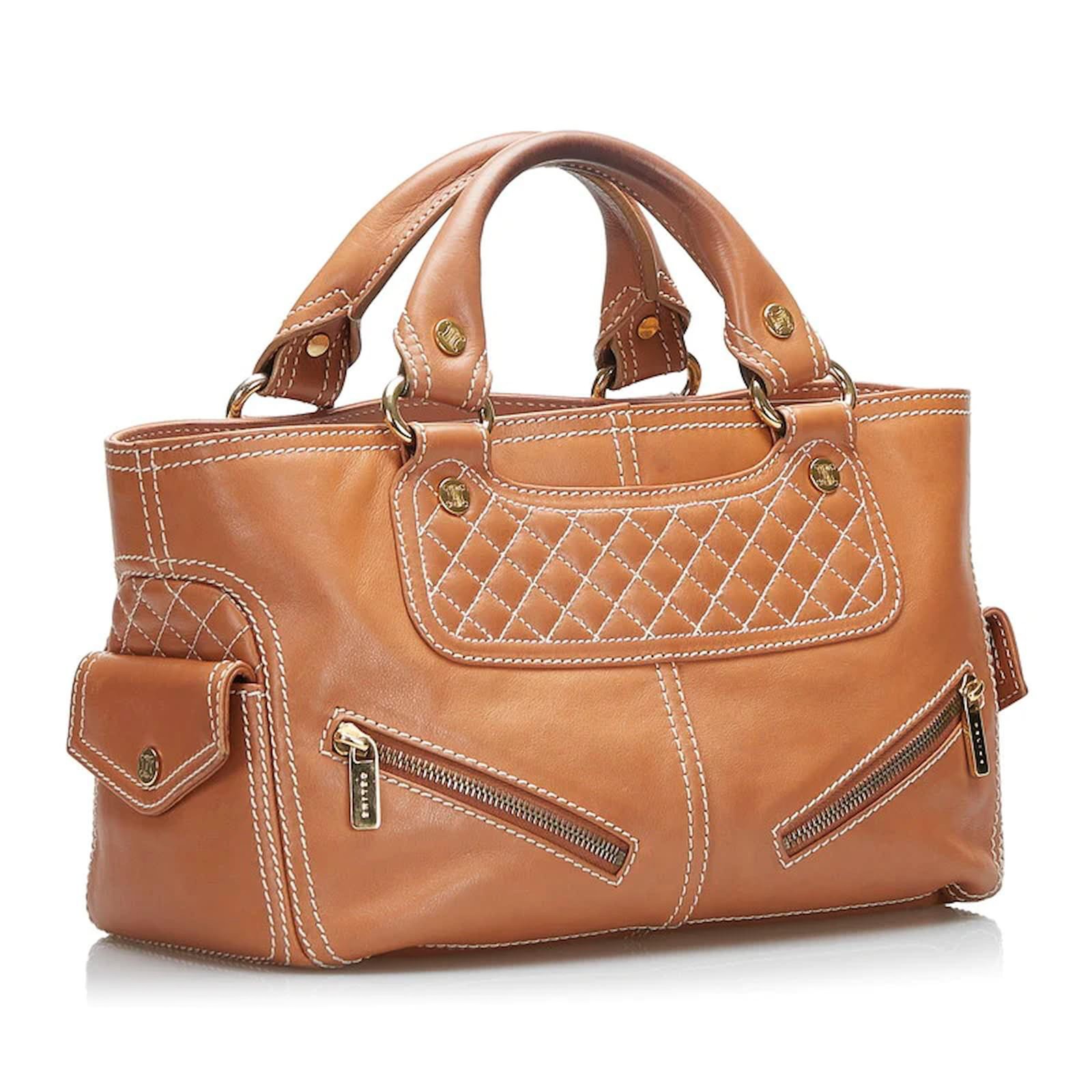 Celine Boogie Bag Tan Brown Quilted Calfskin Top Handle Gold HW Satchel Handbag