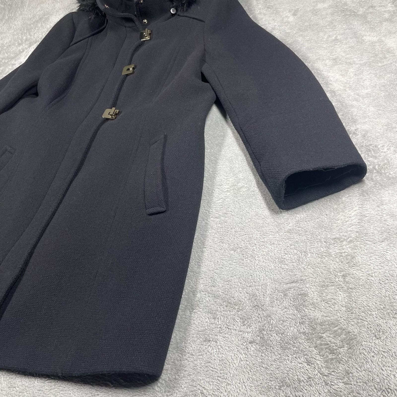 Calvin Klein Coat Womens XL Black Wool Blend Hooded Belted Faux Fur Parka