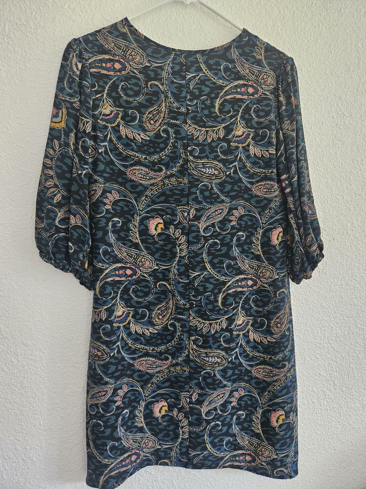Johnny Was Jade Blue-Green silk Paisley V-Neck 3/4 Sleeve Shift Dress XS