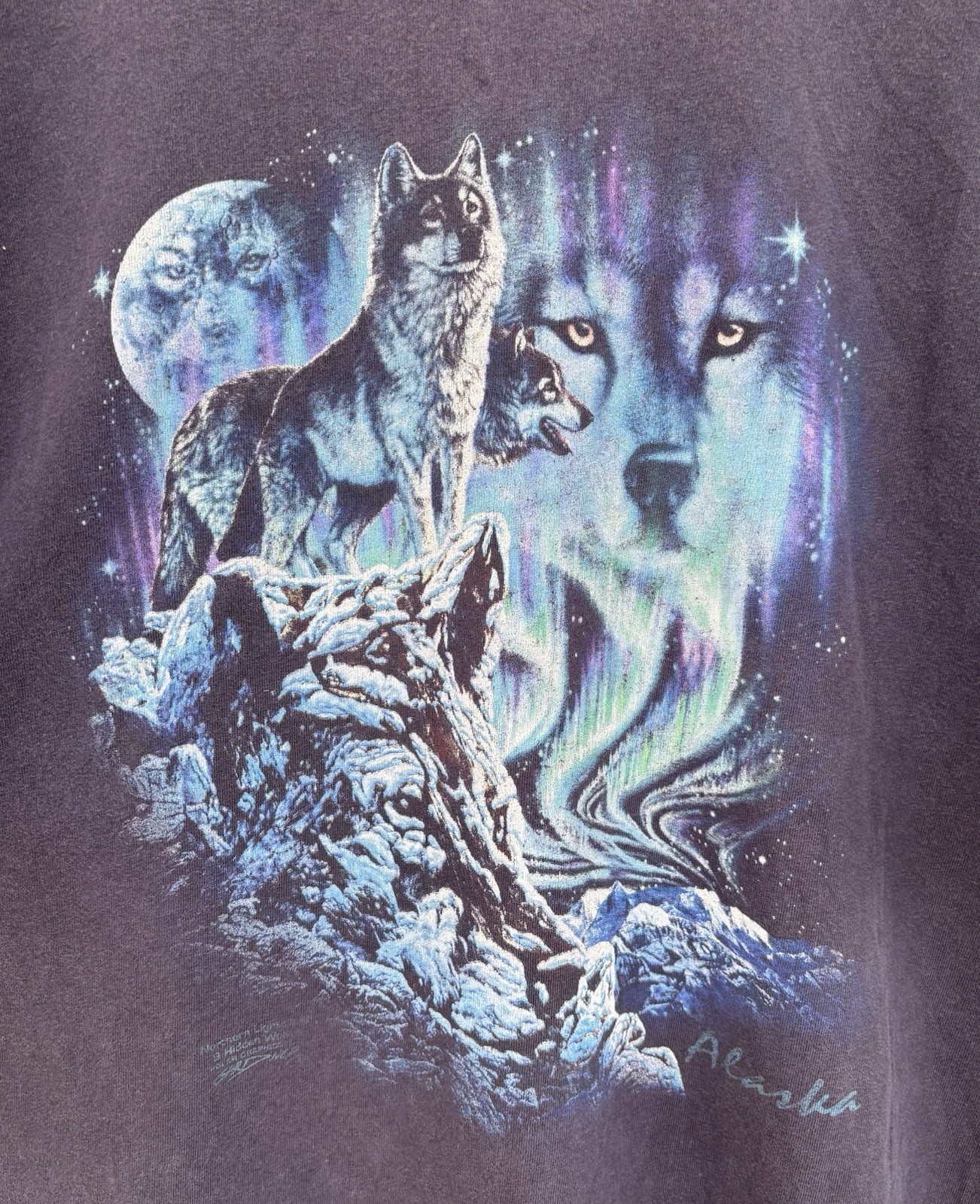 Vintage Alaska Northern Lights Wolf Nature Shirt Size XL