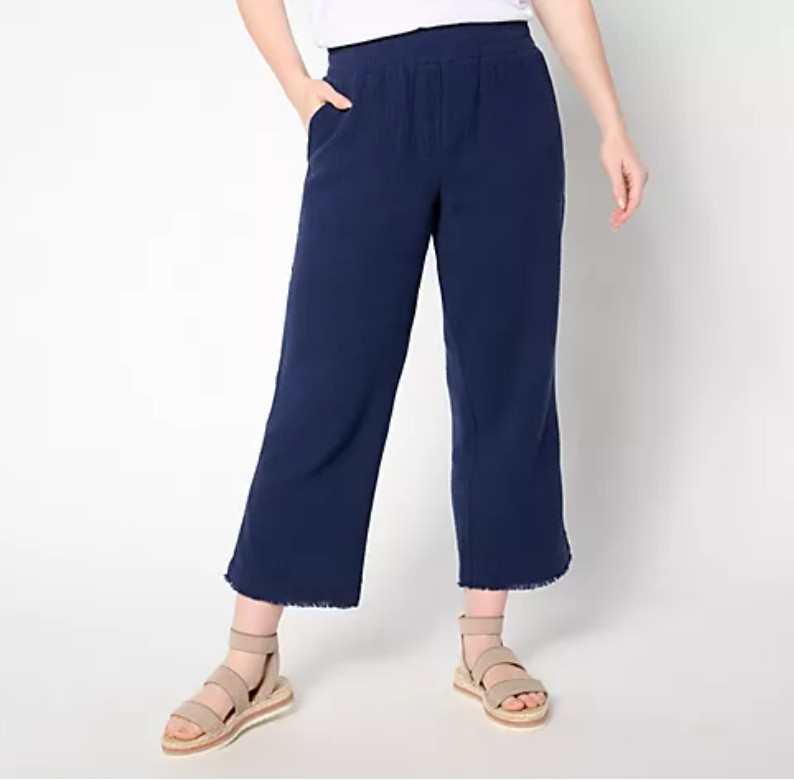 Belle by Kim Gravel Women Pants Sz 2XP Cotton Gauze Frayed Edge Blue A646270