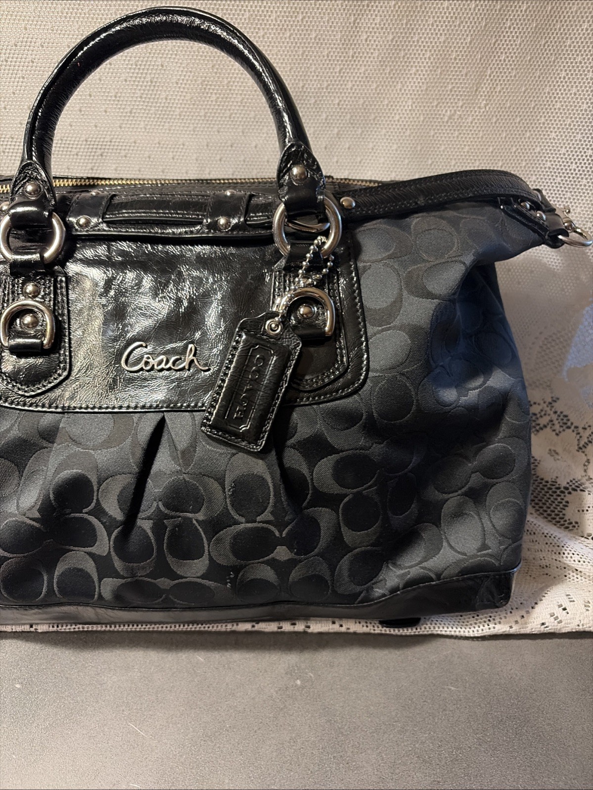 Coach Ashley Signature Sateen Large Satchel Black Canvas Leather Bag F15440 Nice