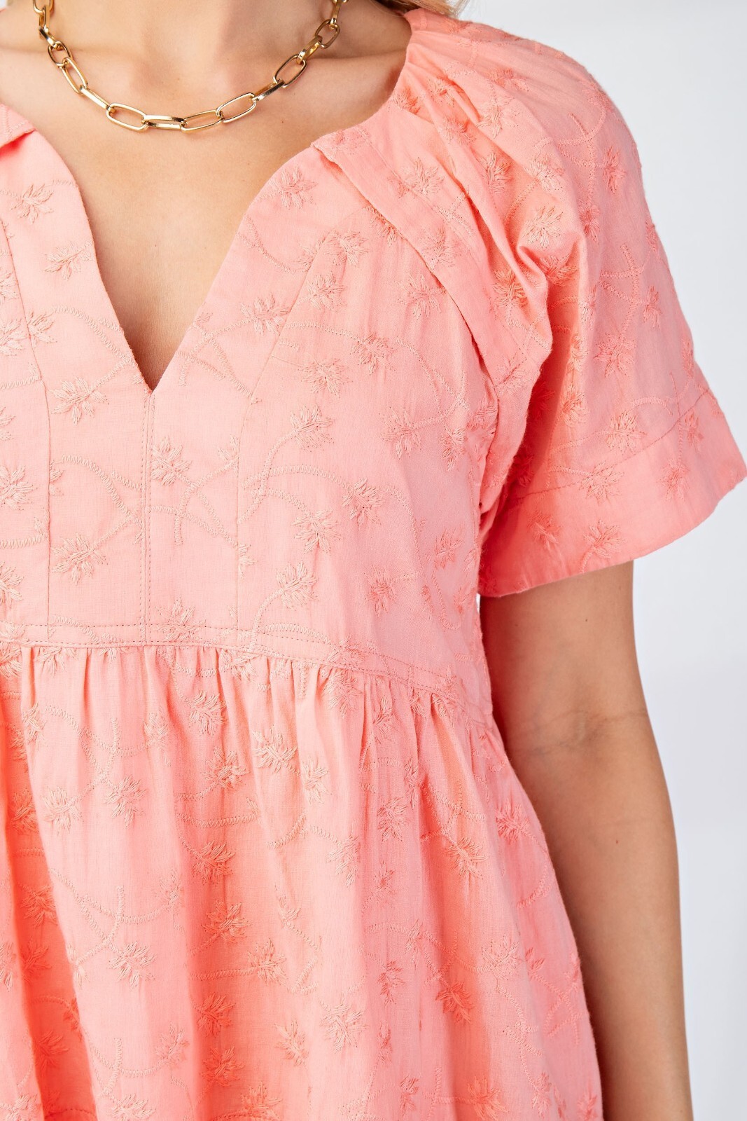 Gigio by Umgee Coral Embroidered Split Neck Short Sleeve Tiered Dress