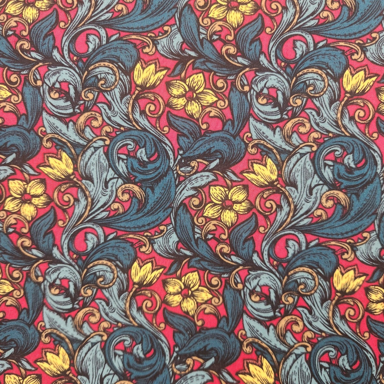 LuLaRoe Irma Tunic Top Womens Small Red Yellow Blue Floral Damask Short Sleeve