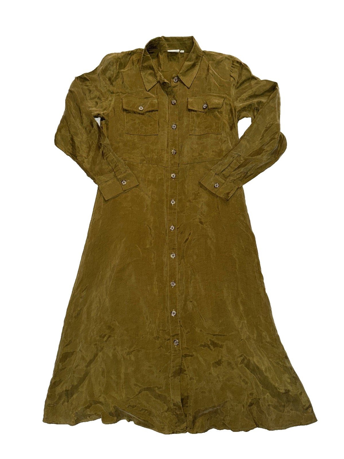 Spartina 449 Button Front Shirt Dress Size M Peyton Cupro Vegan Silk Green Olive