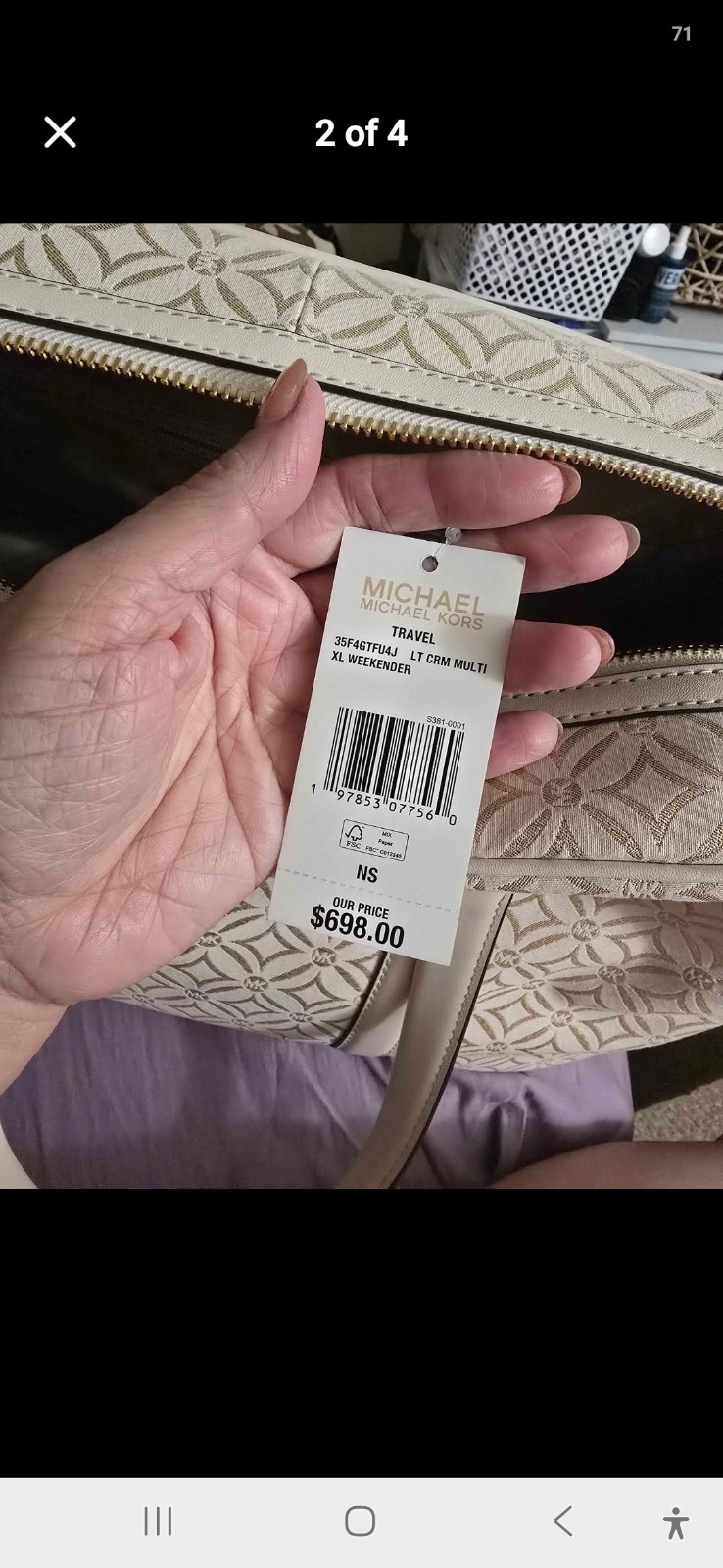 Michael Kors XL Logo Weekender Duffle Bag Beige/Gold Zip w/ Detachable Strap