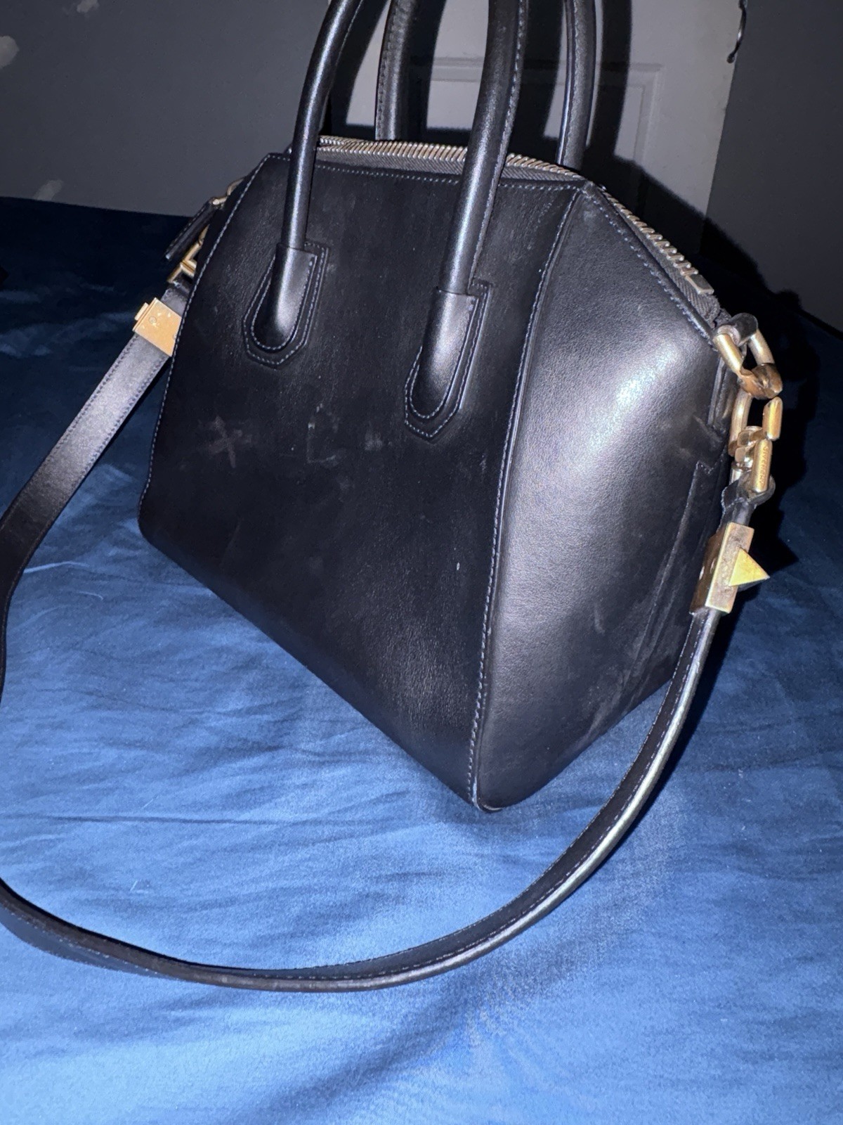 Givenchy Black Studded Medium Satchel Top Handle, Gold Hardware, Zip, Strap