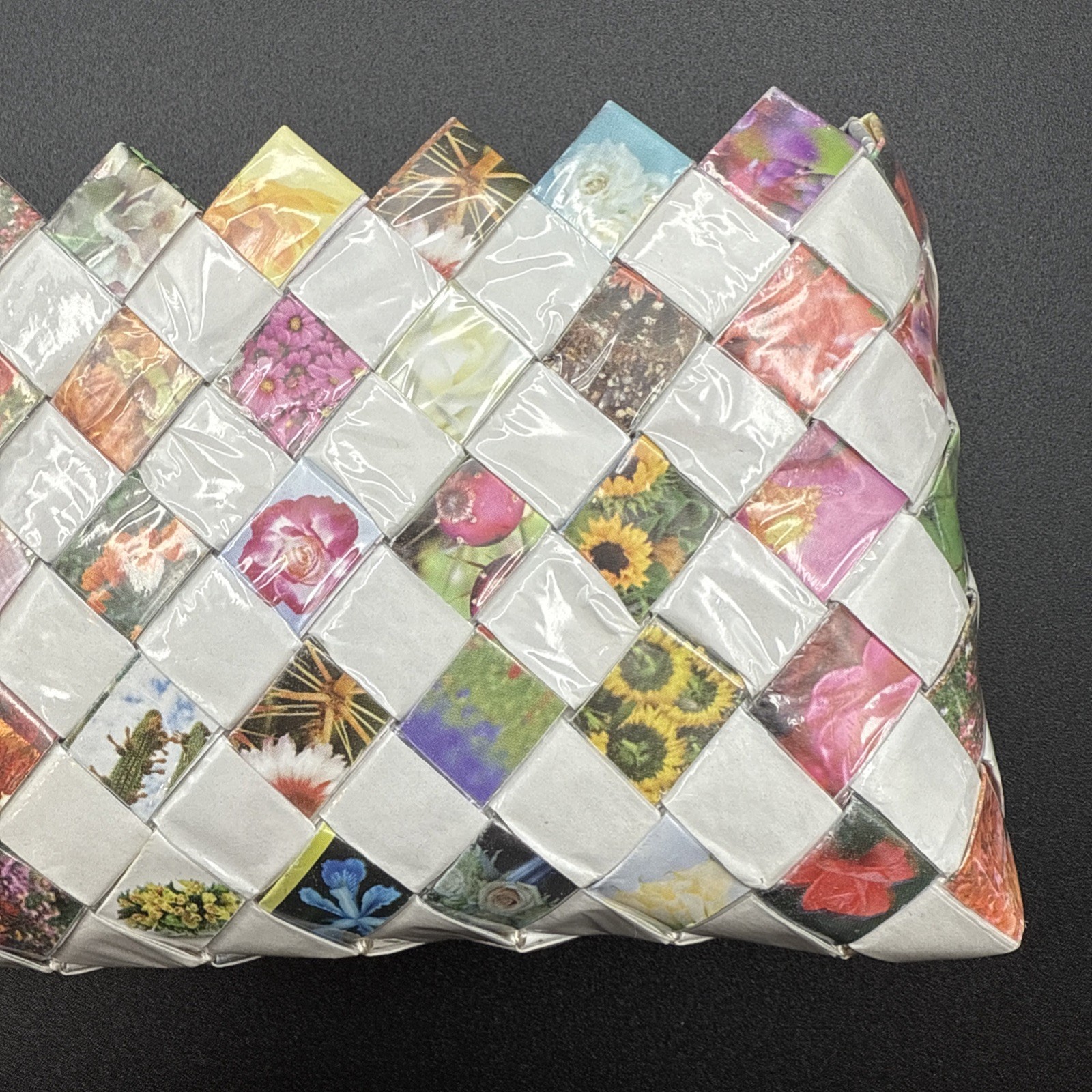 Nahui Ollin White And Floral Candy Wrapper Clutch Purse Wristlet Zip Top Woven