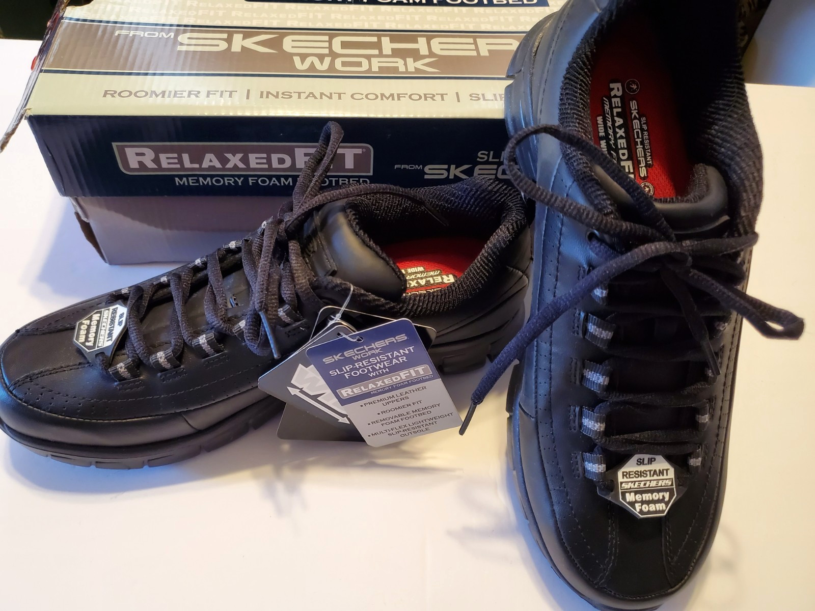SKECHERS WOMENS WORK * SZ 9W *SURE TRACK TRICKEL * NEW w/BOX * #76550EW/BLACK
