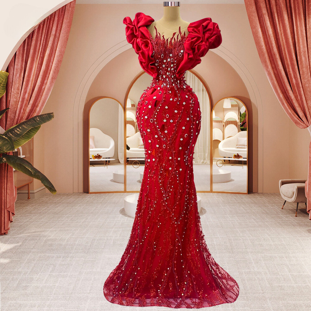 Luxury Red Mermaid Evening Dresses Beaded Ruffles Prom Party Dresses Plus Size