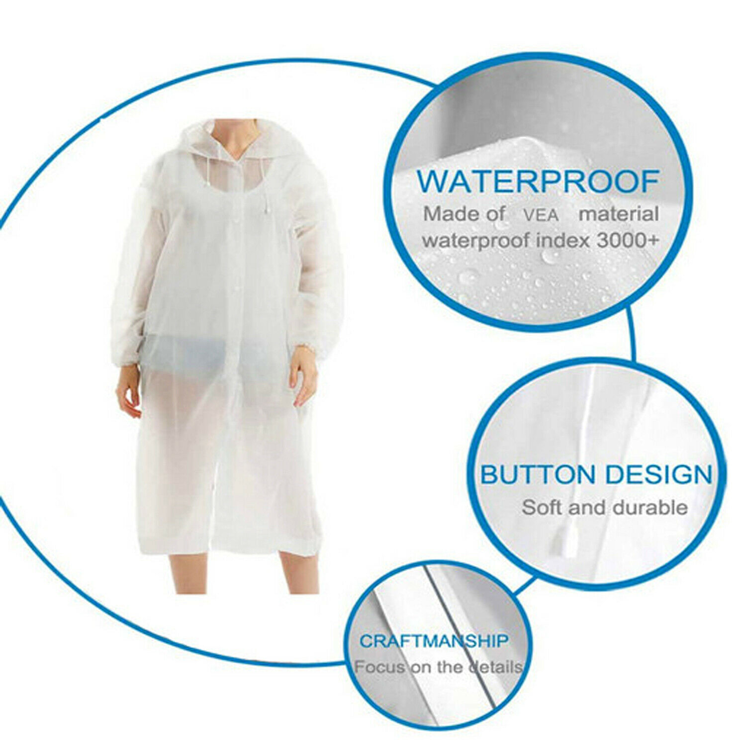 Unisex Adult Raincoat Waterproof Rain Coat Hooded Jacket Poncho Rainwear Camping