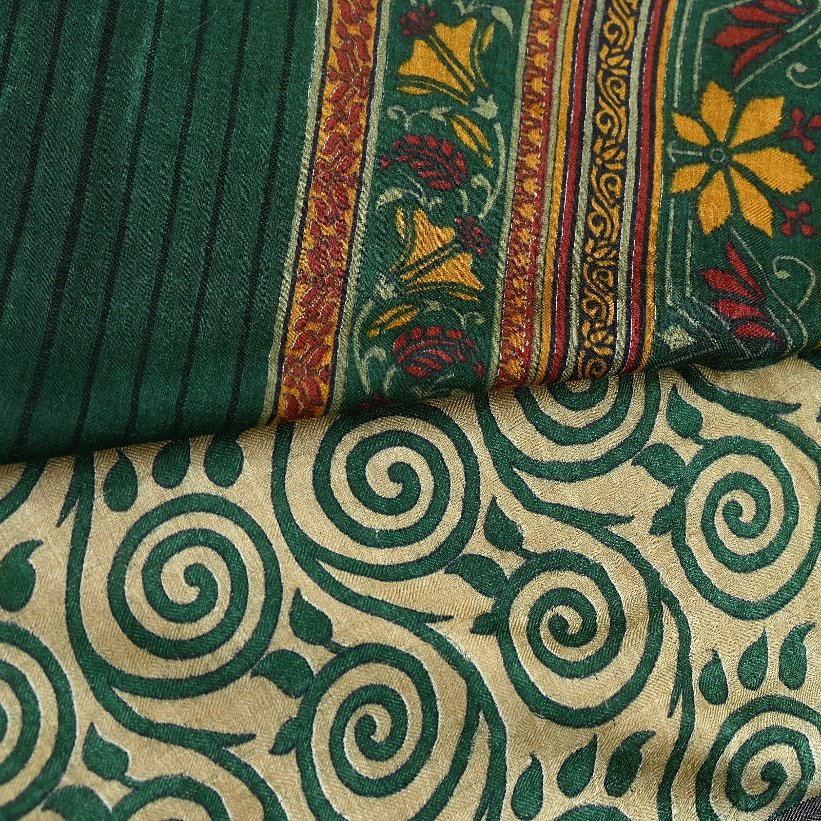 Vintage Beige Green Wool Saree Indian Pure Wool Floral Woven Fabric 6 Yard Soft