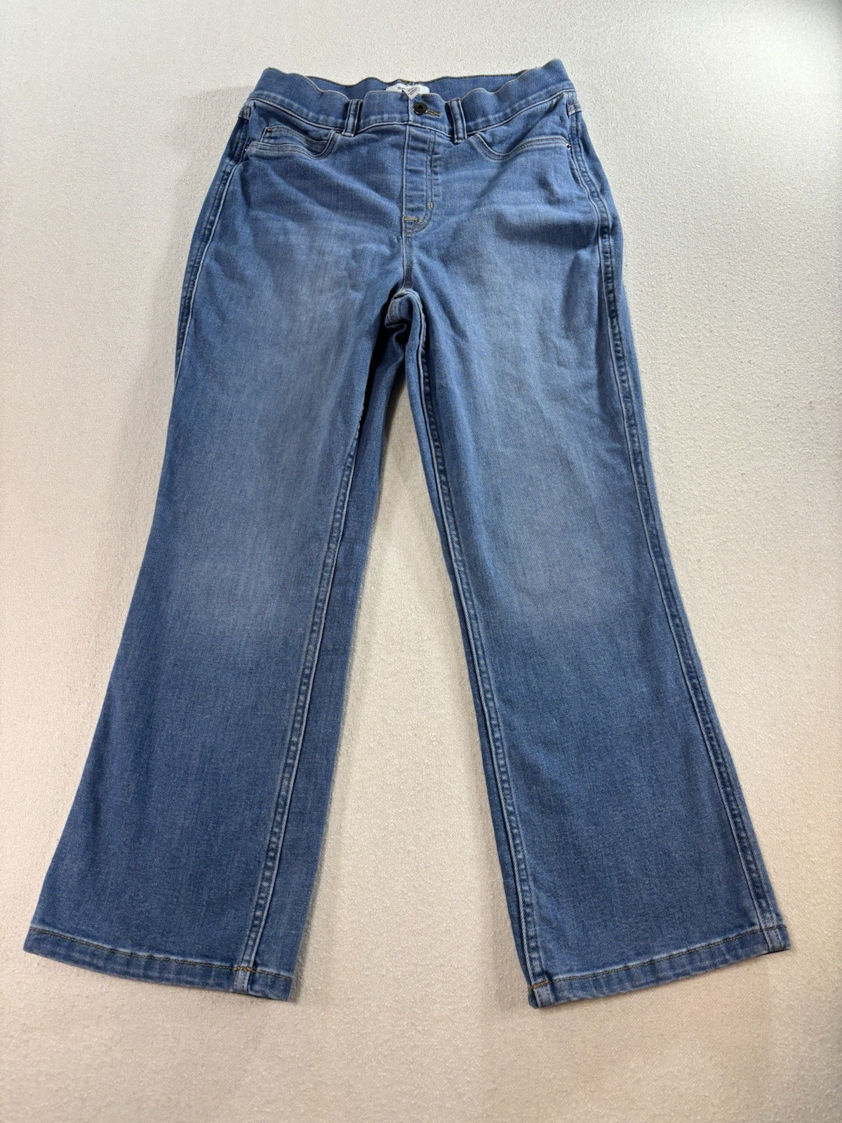 SPANX Flare Jeans Women’s Large Blue High Rise Stretch Denim Raw Hem 28×27
