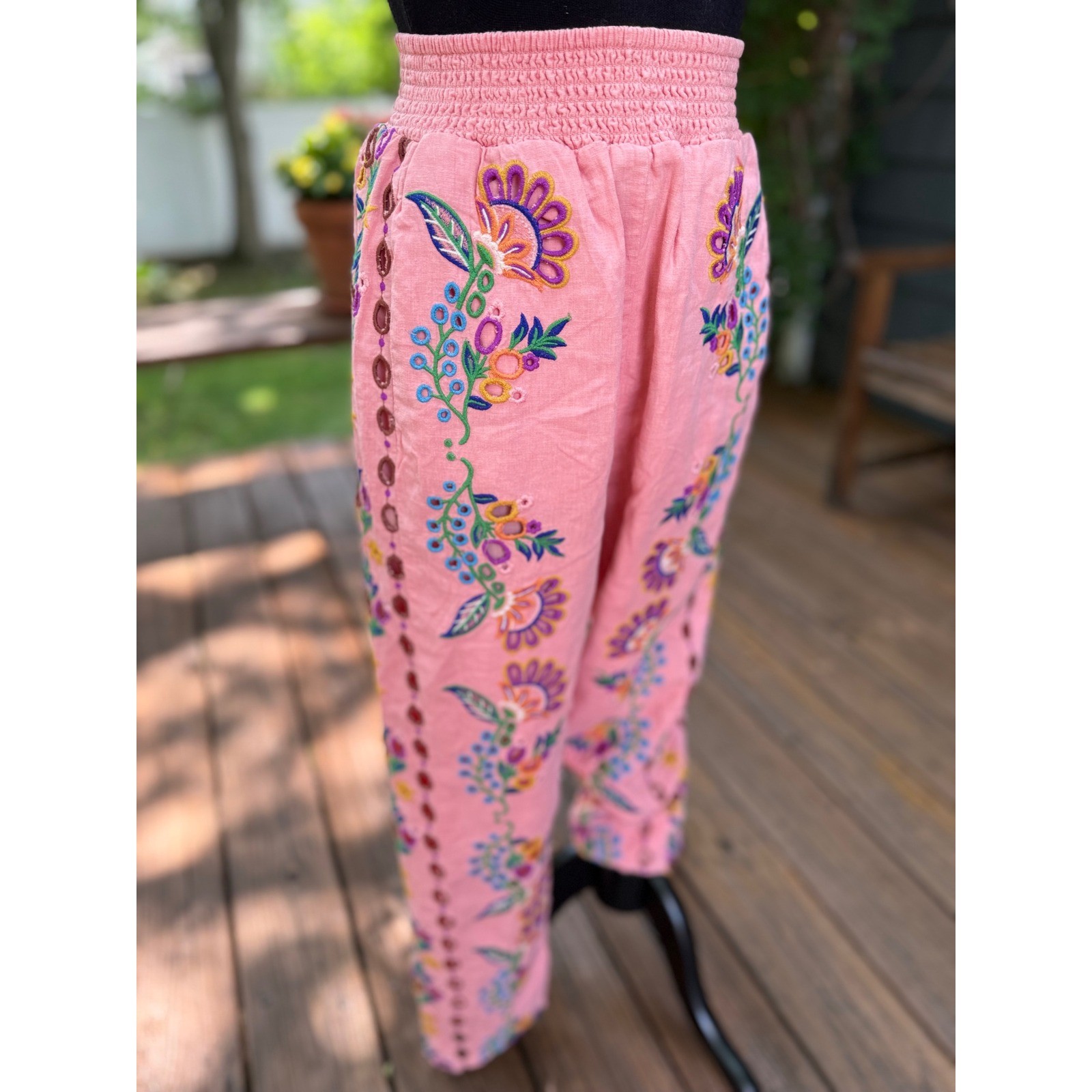 Farm Rio Pink Linen Embroidered Eyelet Smocked Waist Tapered Pants Womens