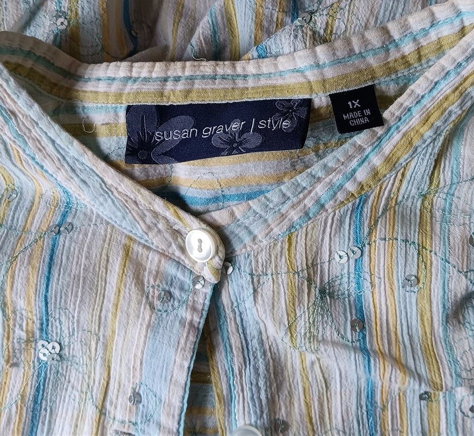Susan Graver Style Blouse 1X Top Blue Green Pastel Stripe Embellished Sequins