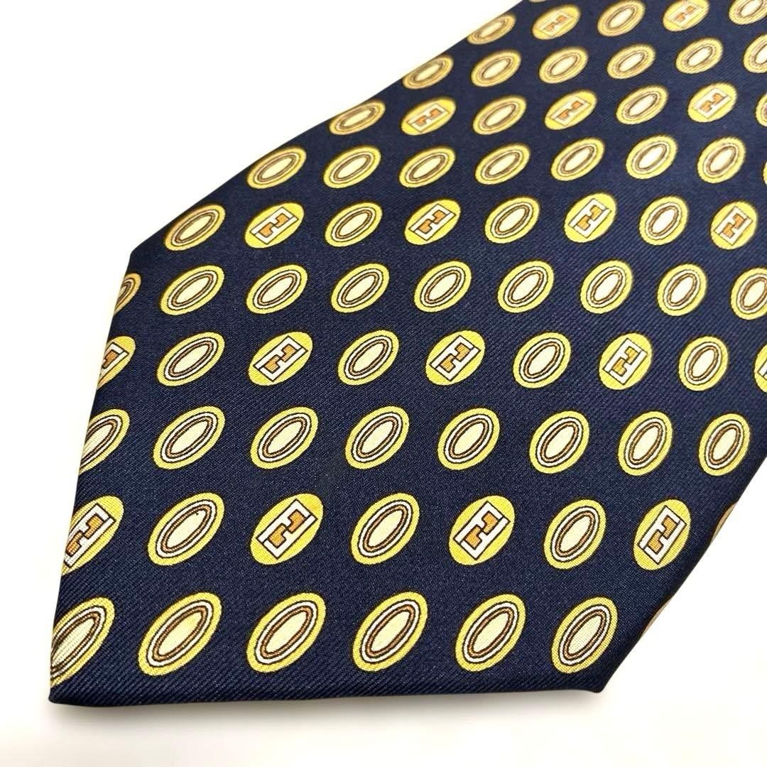 FENDI Zucca Pattern Navy Silk Tie Oval Classic Lux Used