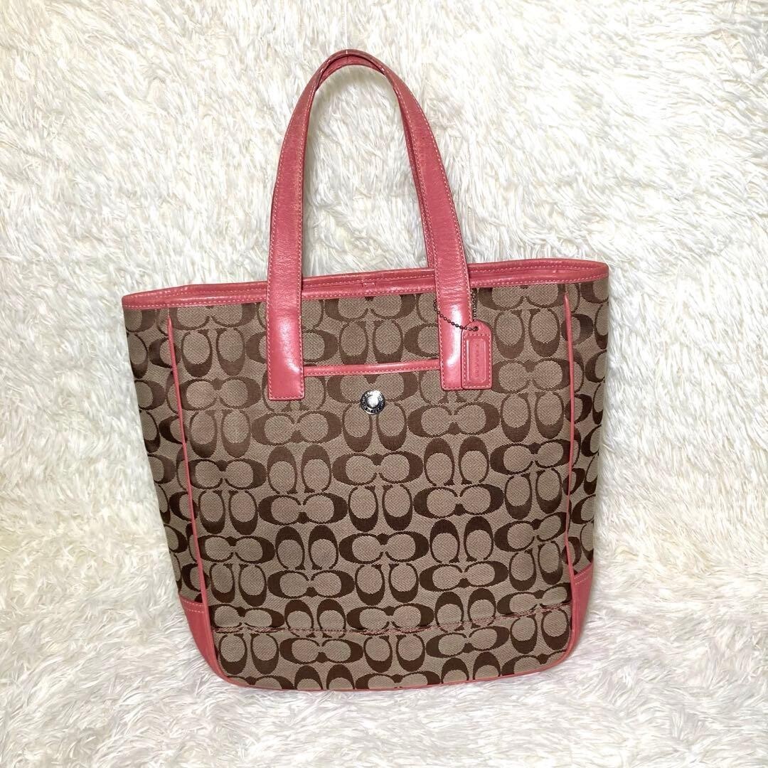 COACH Pink Brown Canvas Leather Tote Bag Logo Inner Pockets 11.8×12.6 in