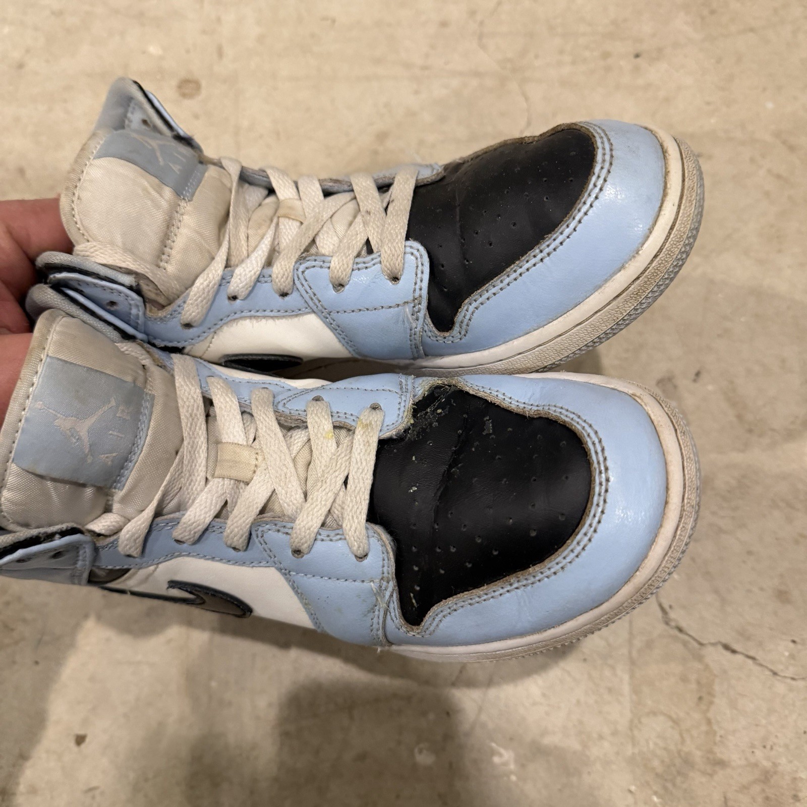 Size 6.5Y – Nike Air Jordan 1 Mid GS Ice Blue Black White *DISTRESSED*