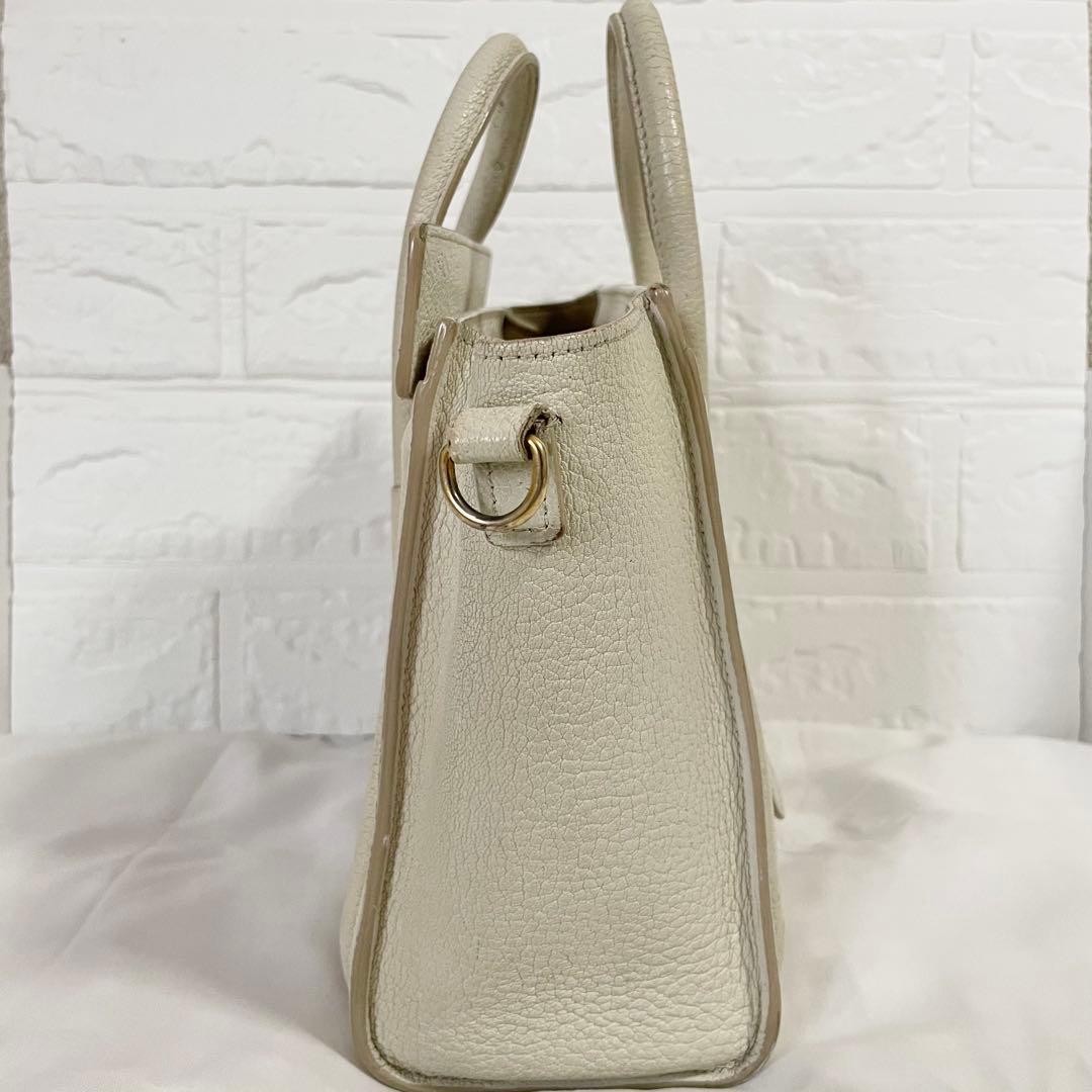 Celine Luggage Nano Shopper Handbag Drummed Calfskin White 7.87 With Strap